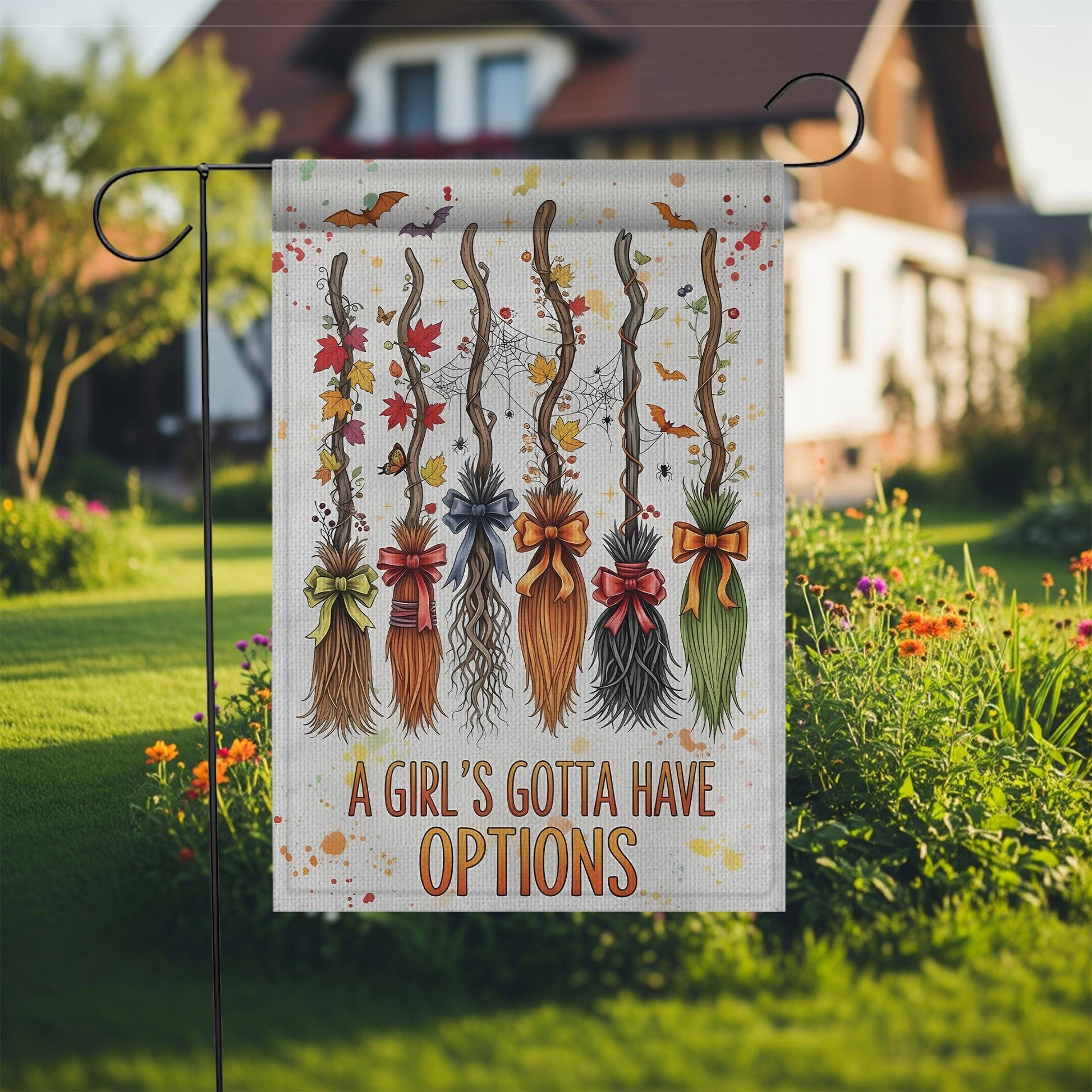 Witchy Halloween Garden Flag, A Girl's Gotta Have Options, Autumn Porch Decor