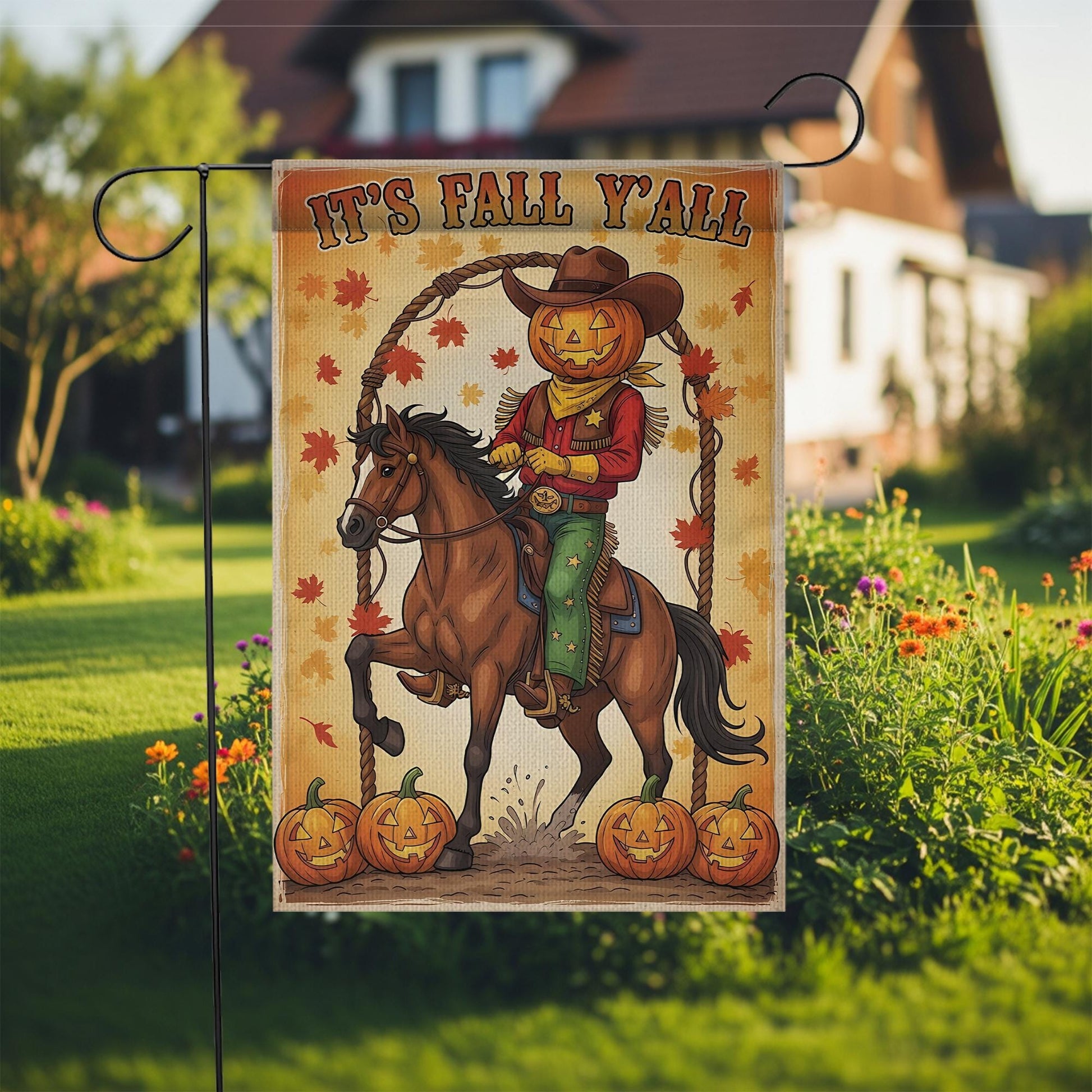 Pumpkin Cowboy Fall Garden Flag, It's Fall Y'all, Rustic Western Porch Decor