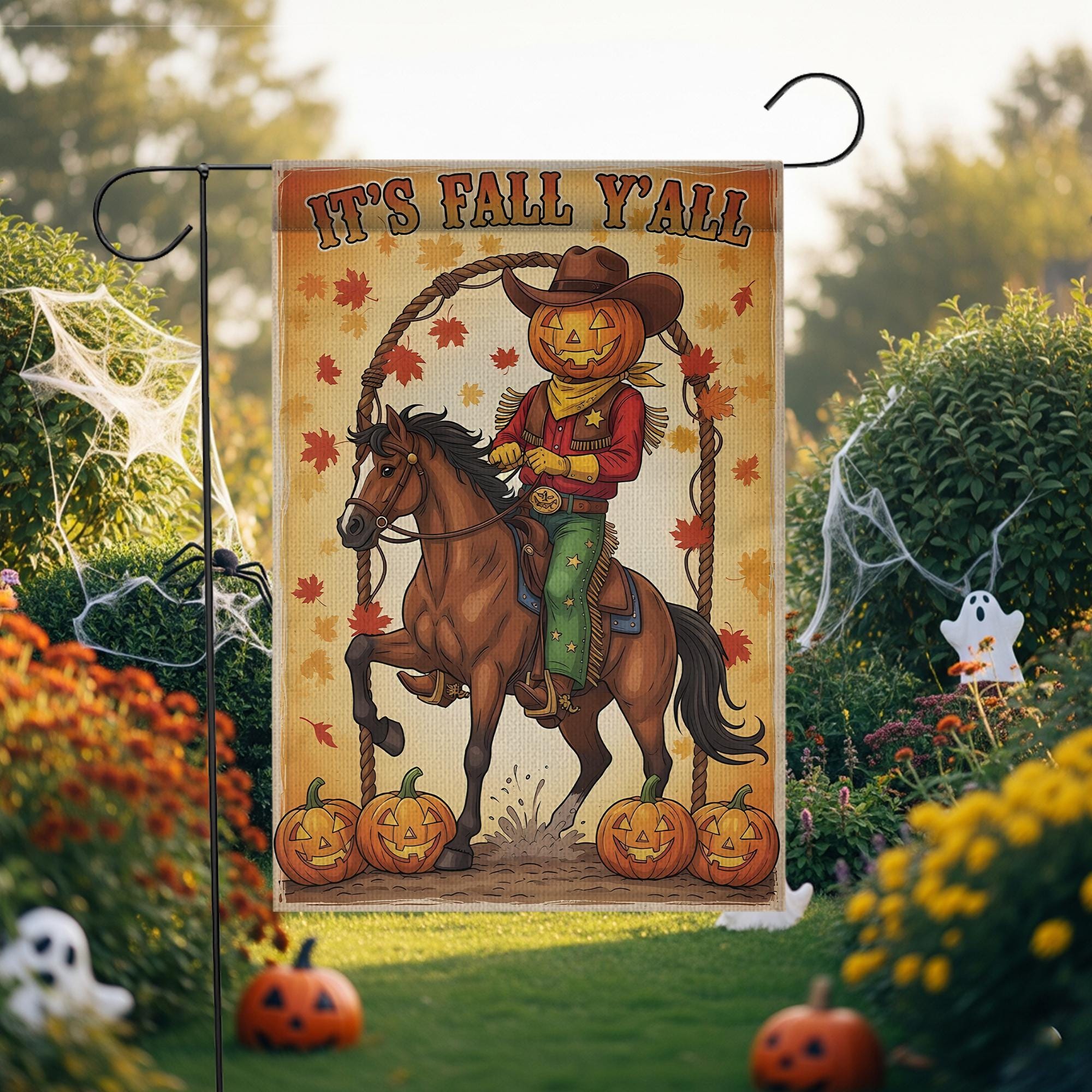 Pumpkin Cowboy Fall Garden Flag, It's Fall Y'all, Rustic Western Porch Decor