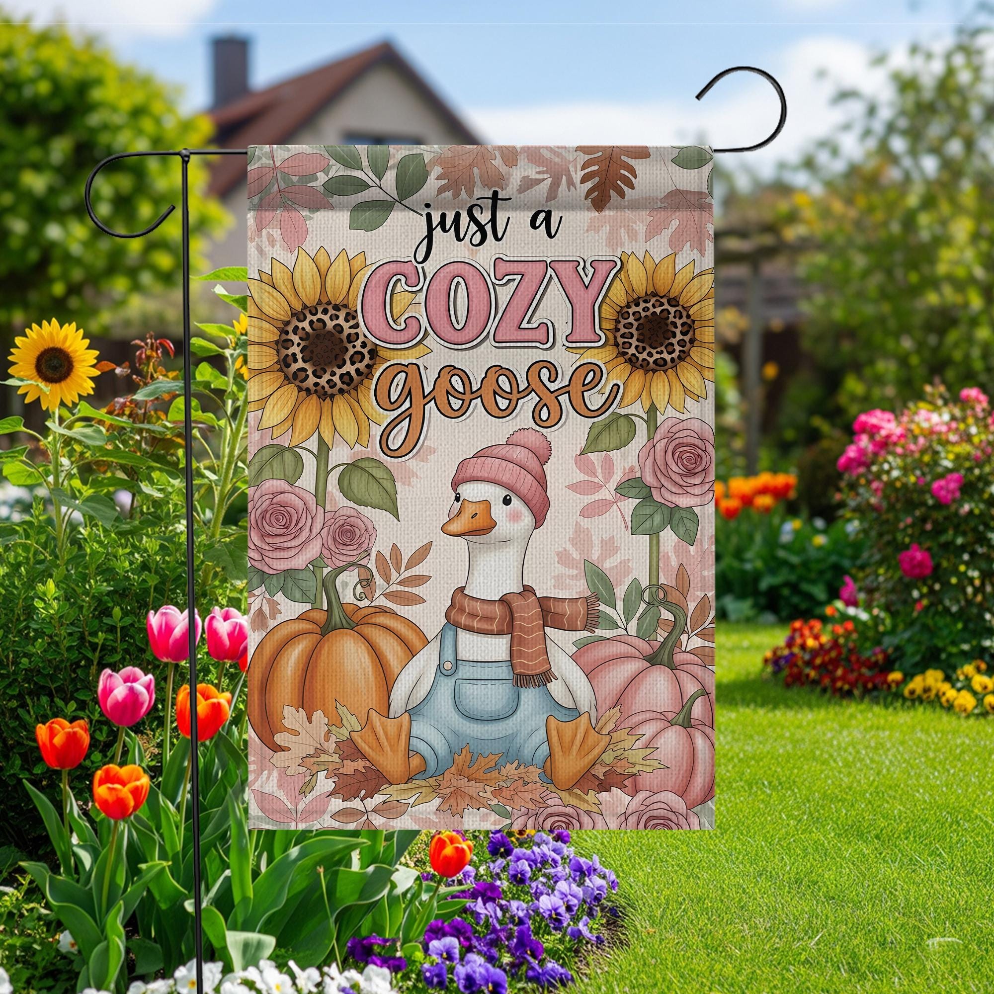 Fall Garden Flag: Sunflower, Pumpkin, Cozy Goose - Farmhouse Decor