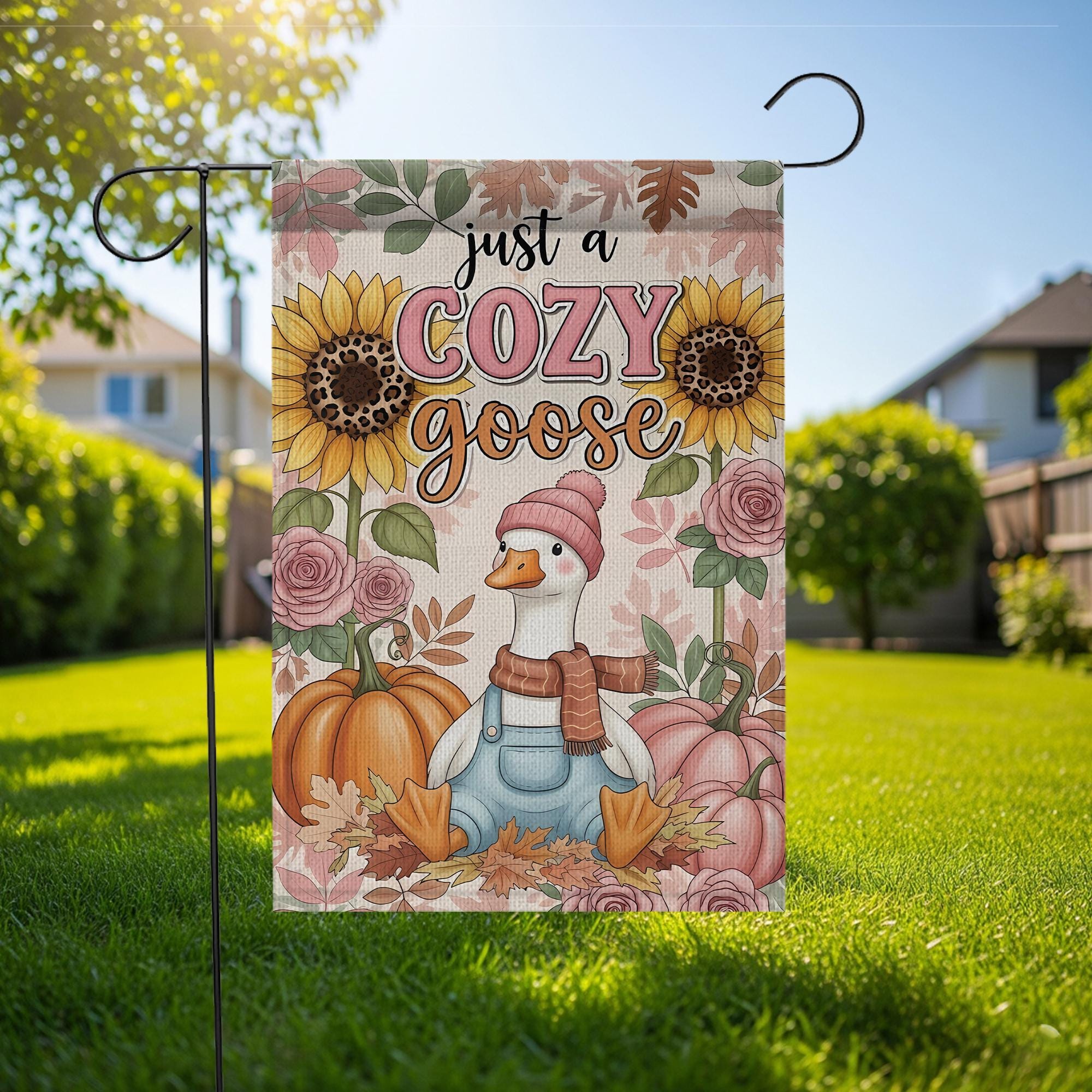 Fall Garden Flag: Sunflower, Pumpkin, Cozy Goose - Farmhouse Decor
