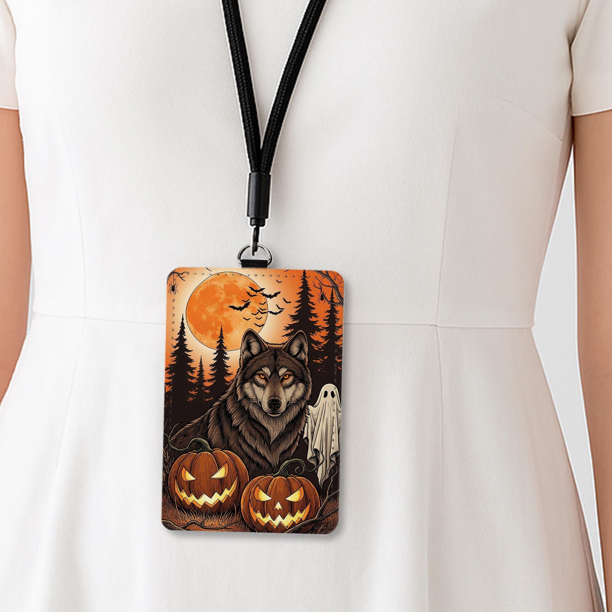 Halloween Wolf Badge Holder: Spooky Gothic Lanyard, PU Leather