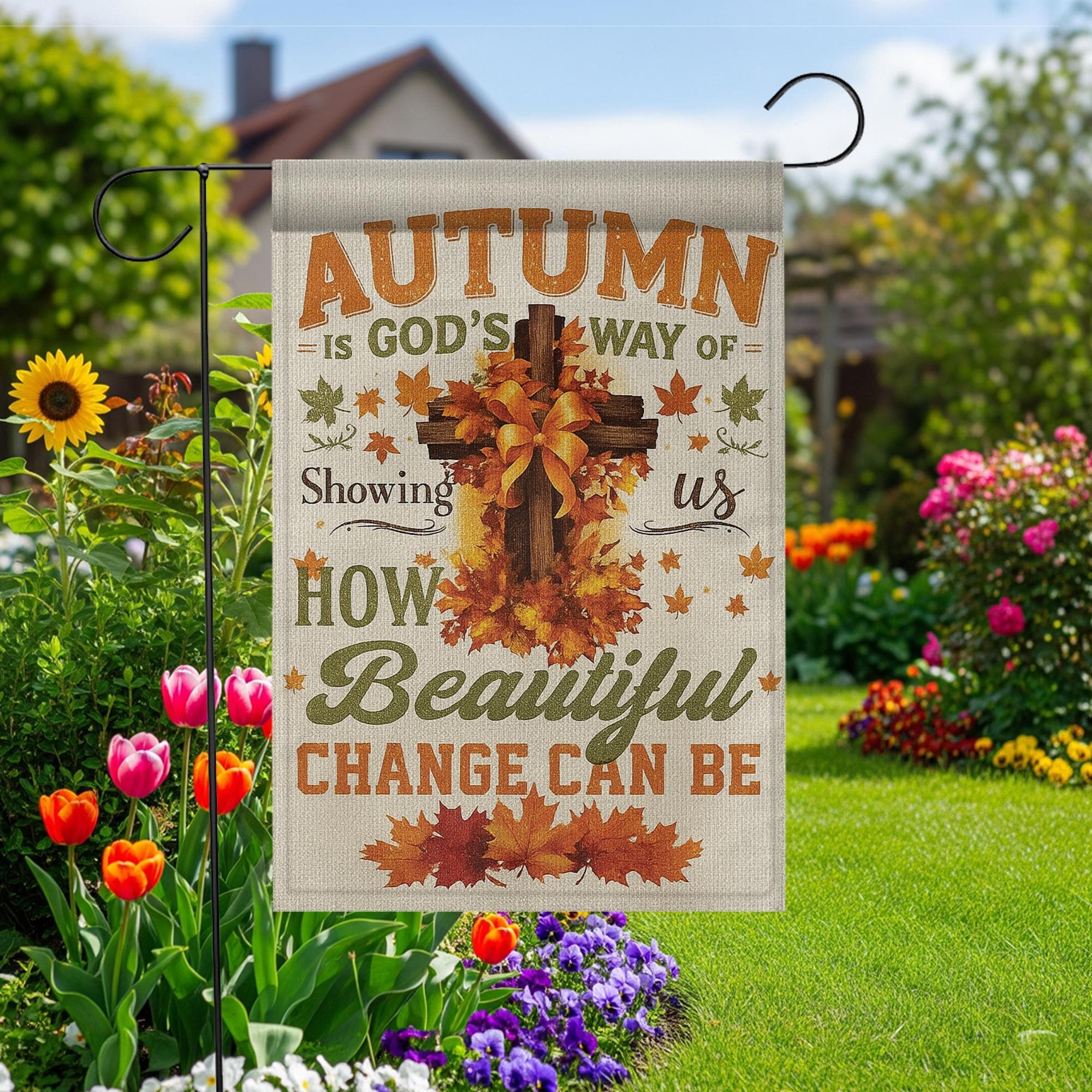 Christian Autumn Garden Flag, Faith-Based Fall Decor with Cross, Farmhouse Thanksgiving Outdoor Decoration