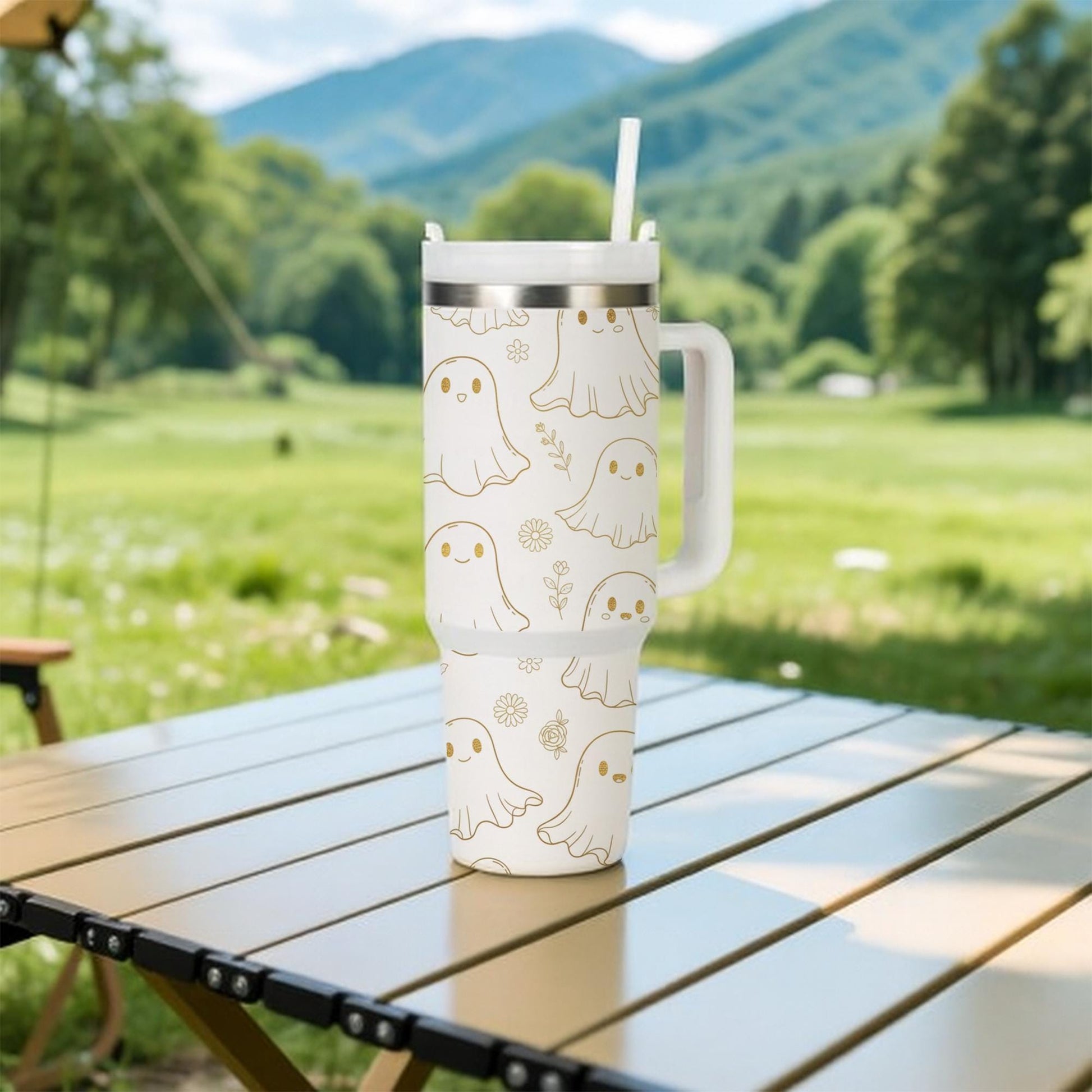 Ghost Tumbler with Handle: Stainless Steel Spooky Season Drinkware