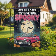 Funny Halloween Garden Flag: Spooky Skeletons in Pink Car
