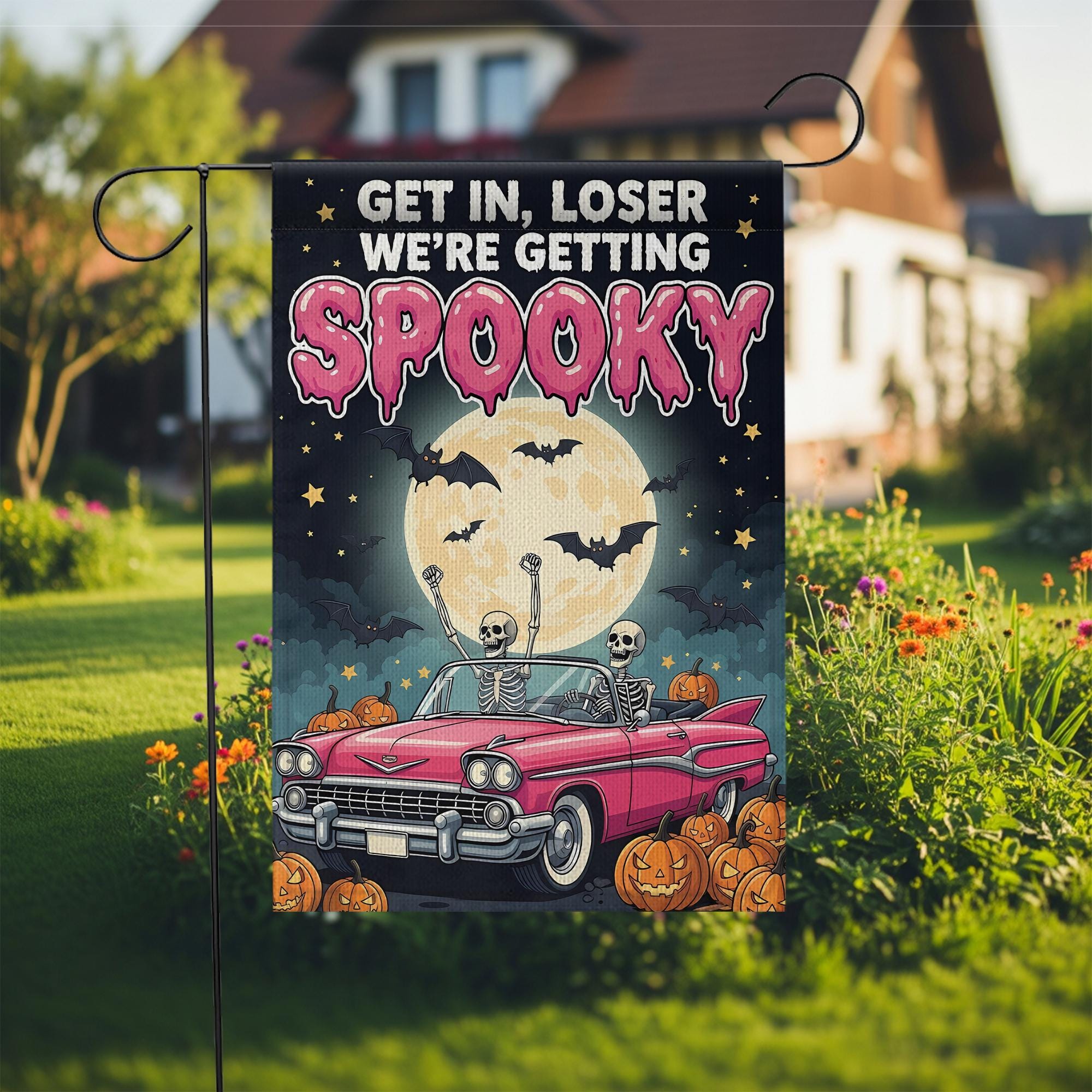 Funny Halloween Garden Flag: Spooky Skeletons in Pink Car
