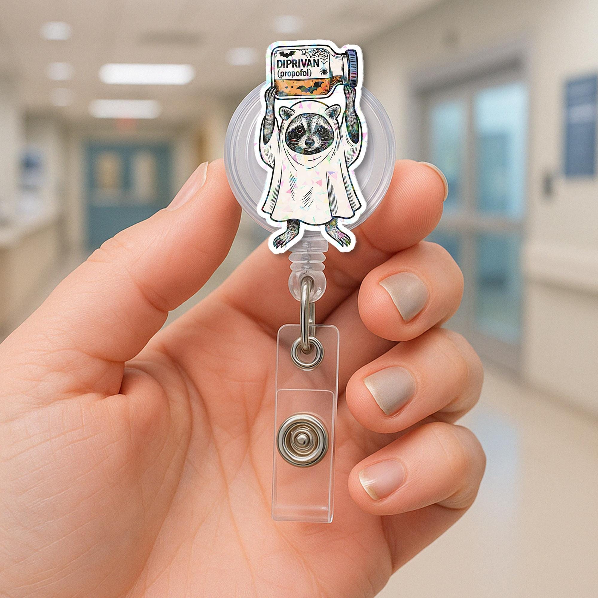 Raccoon Nurse Badge Reel – Halloween ICU Holographic ID Holder for Medical Staff