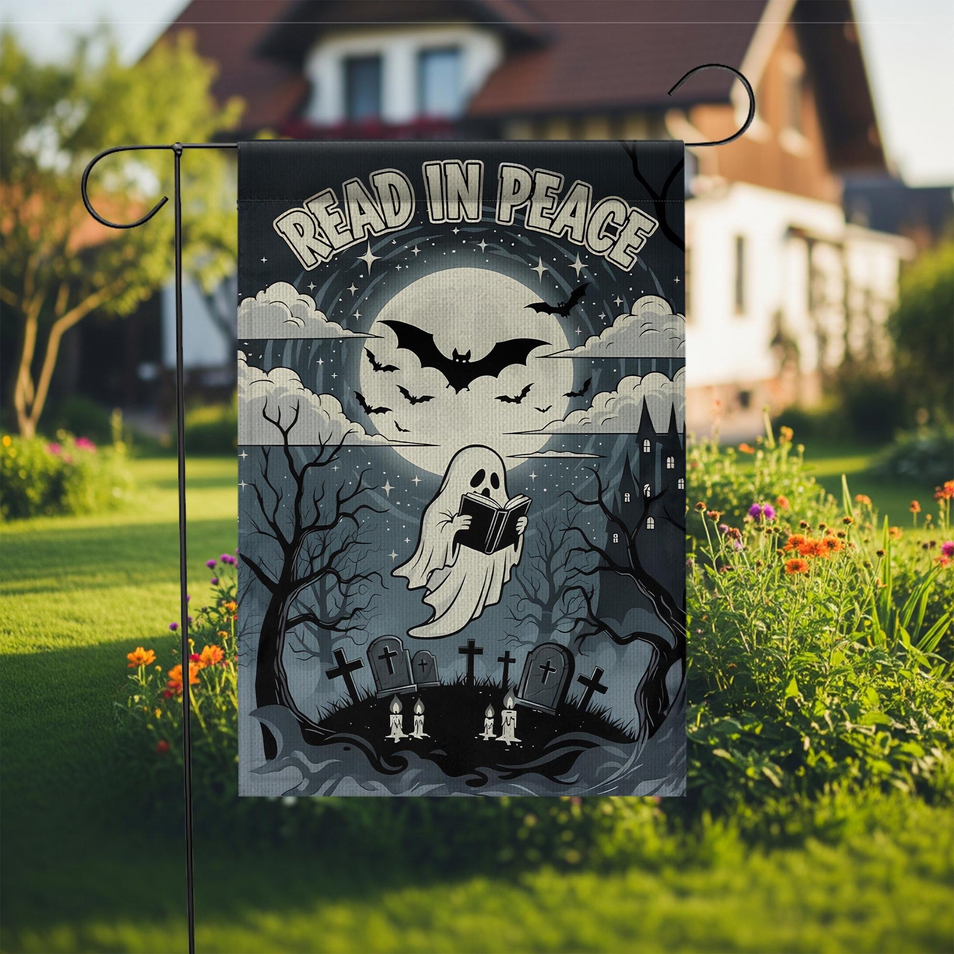 Read In Peace Ghost Garden Flag: Spooky Halloween Decor