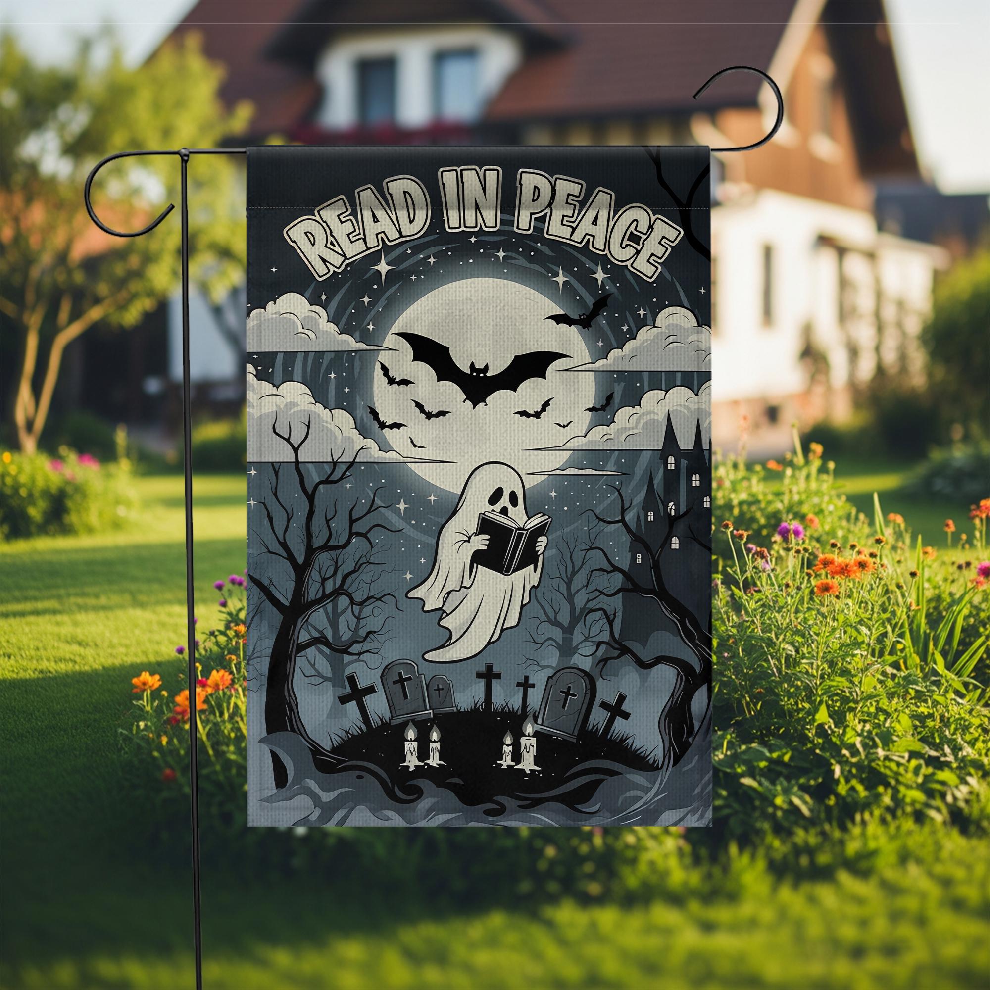 Read In Peace Ghost Garden Flag: Spooky Halloween Decor
