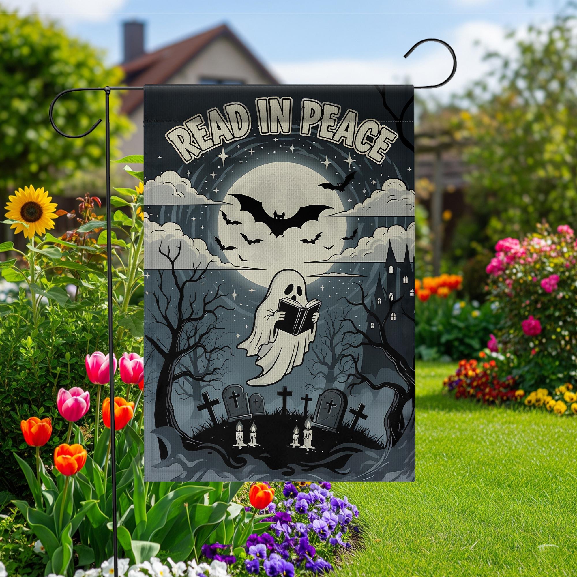 Read In Peace Ghost Garden Flag: Spooky Halloween Decor