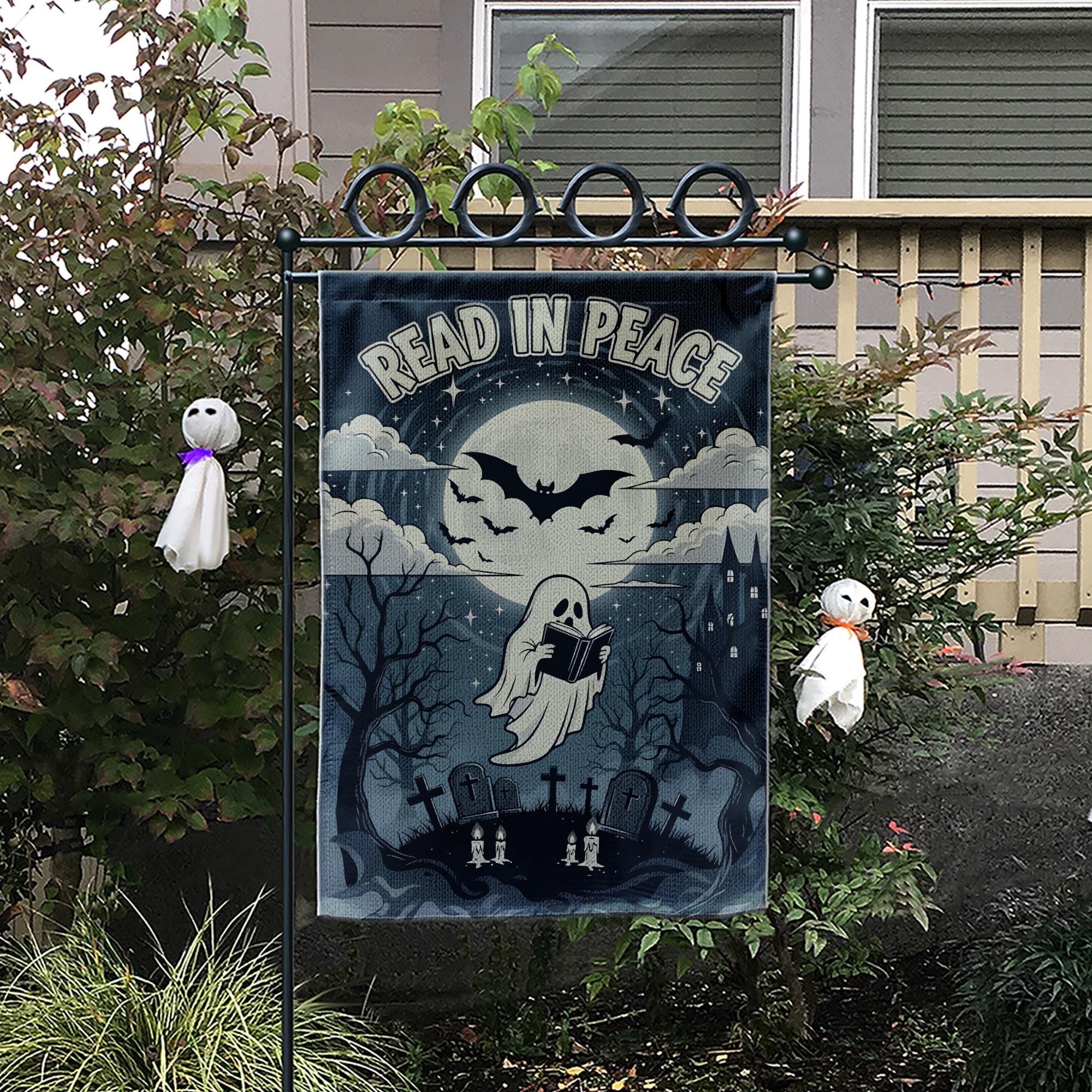 Read In Peace Ghost Garden Flag: Spooky Halloween Decor