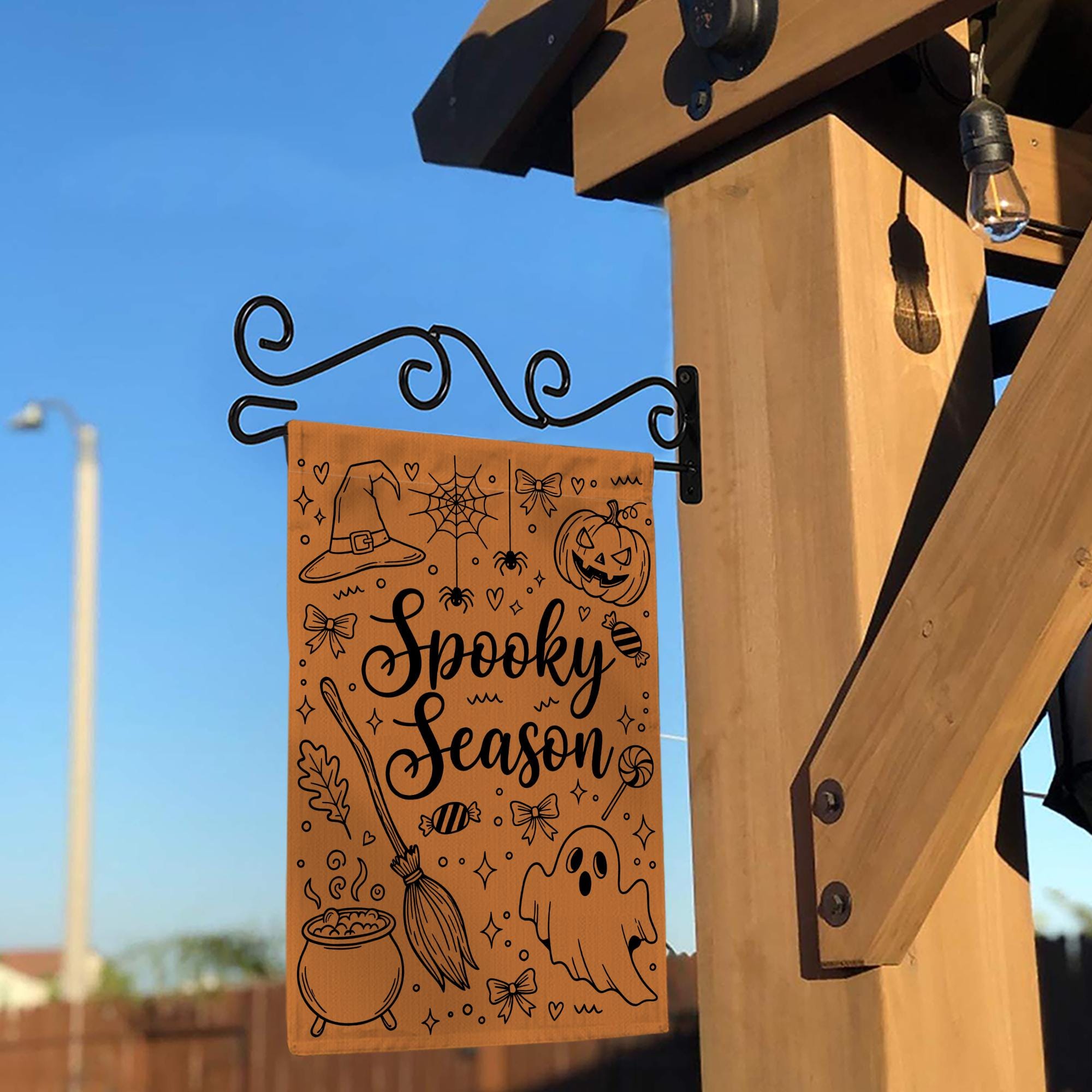 Spooky Season Garden Flag, Cute Halloween Doodle Art, Minimalist Porch Decor, Witchy Ghost and Pumpkin Outdoor Sign, Fall Yard Decoration