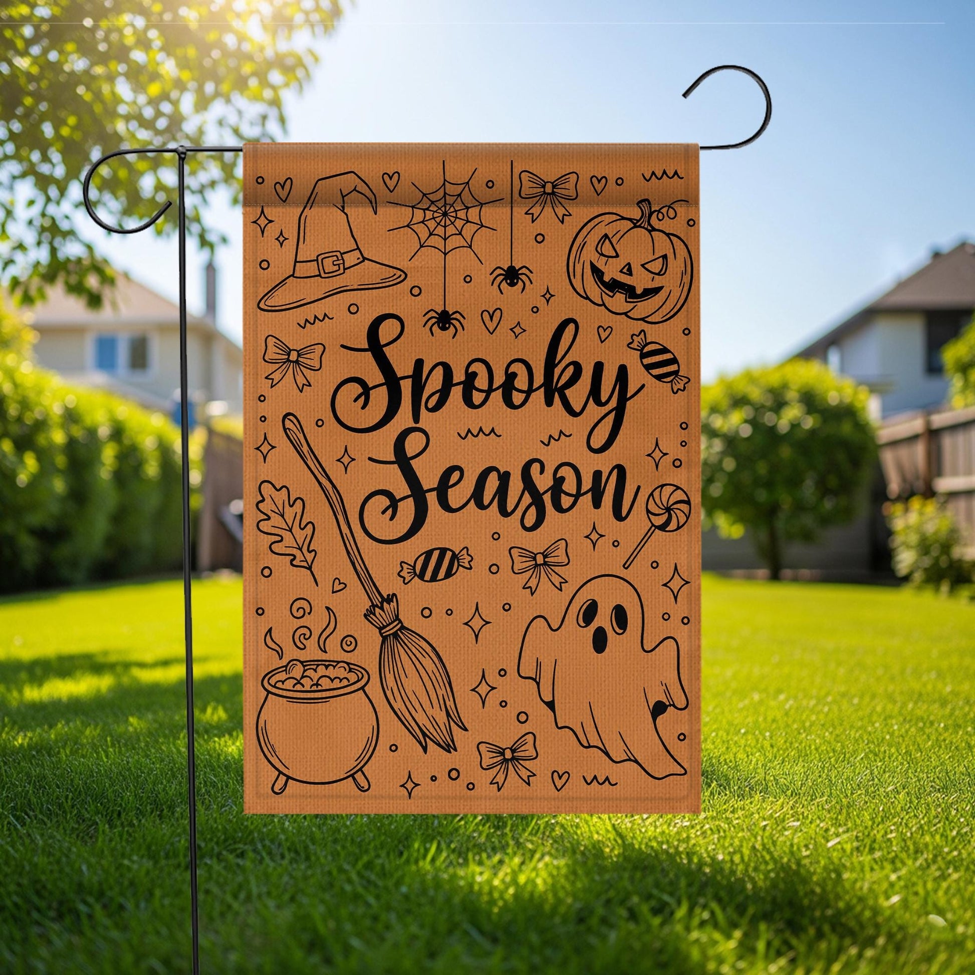Spooky Season Garden Flag, Cute Halloween Doodle Art, Minimalist Porch Decor, Witchy Ghost and Pumpkin Outdoor Sign, Fall Yard Decoration