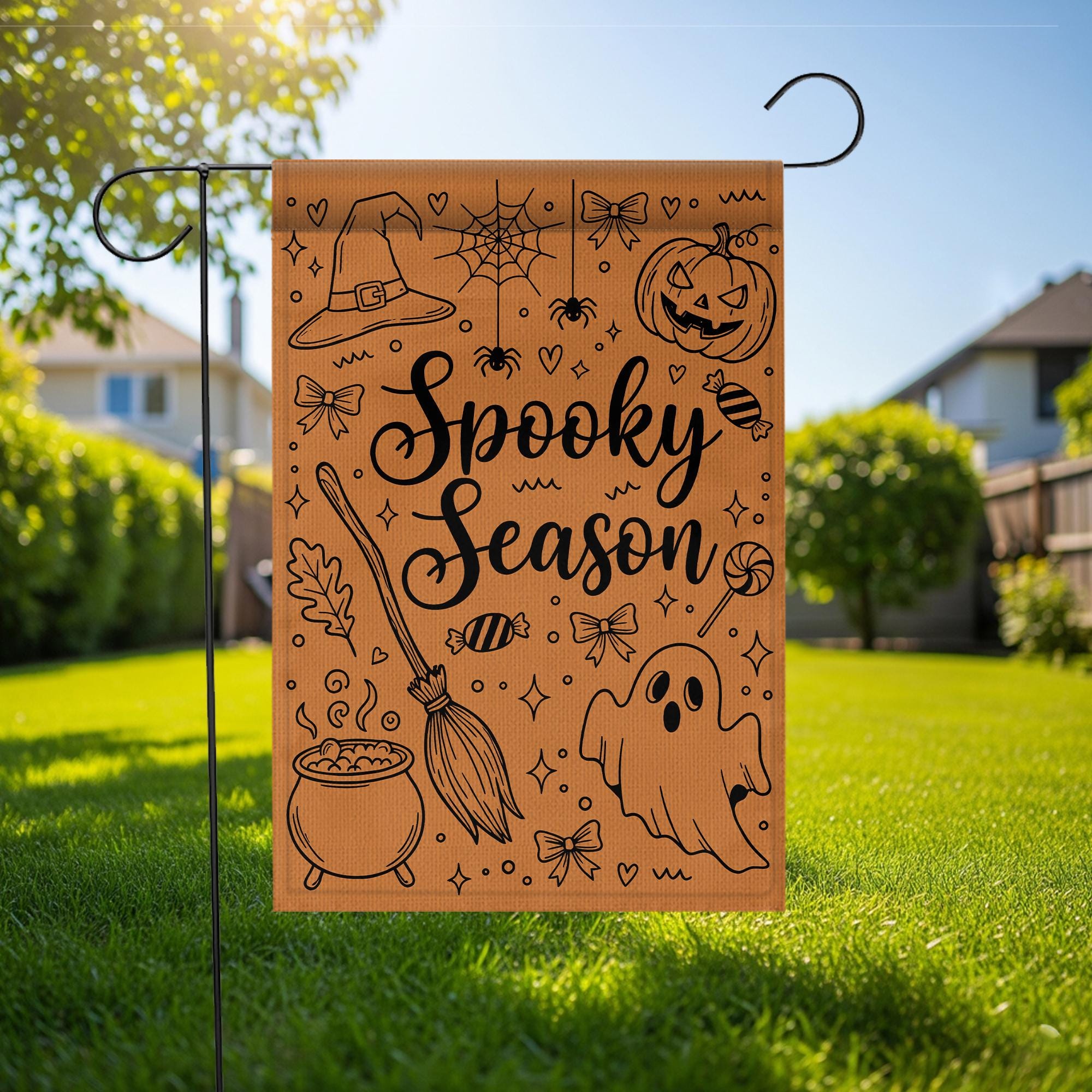 Spooky Season Garden Flag, Cute Halloween Doodle Art, Minimalist Porch Decor, Witchy Ghost and Pumpkin Outdoor Sign, Fall Yard Decoration