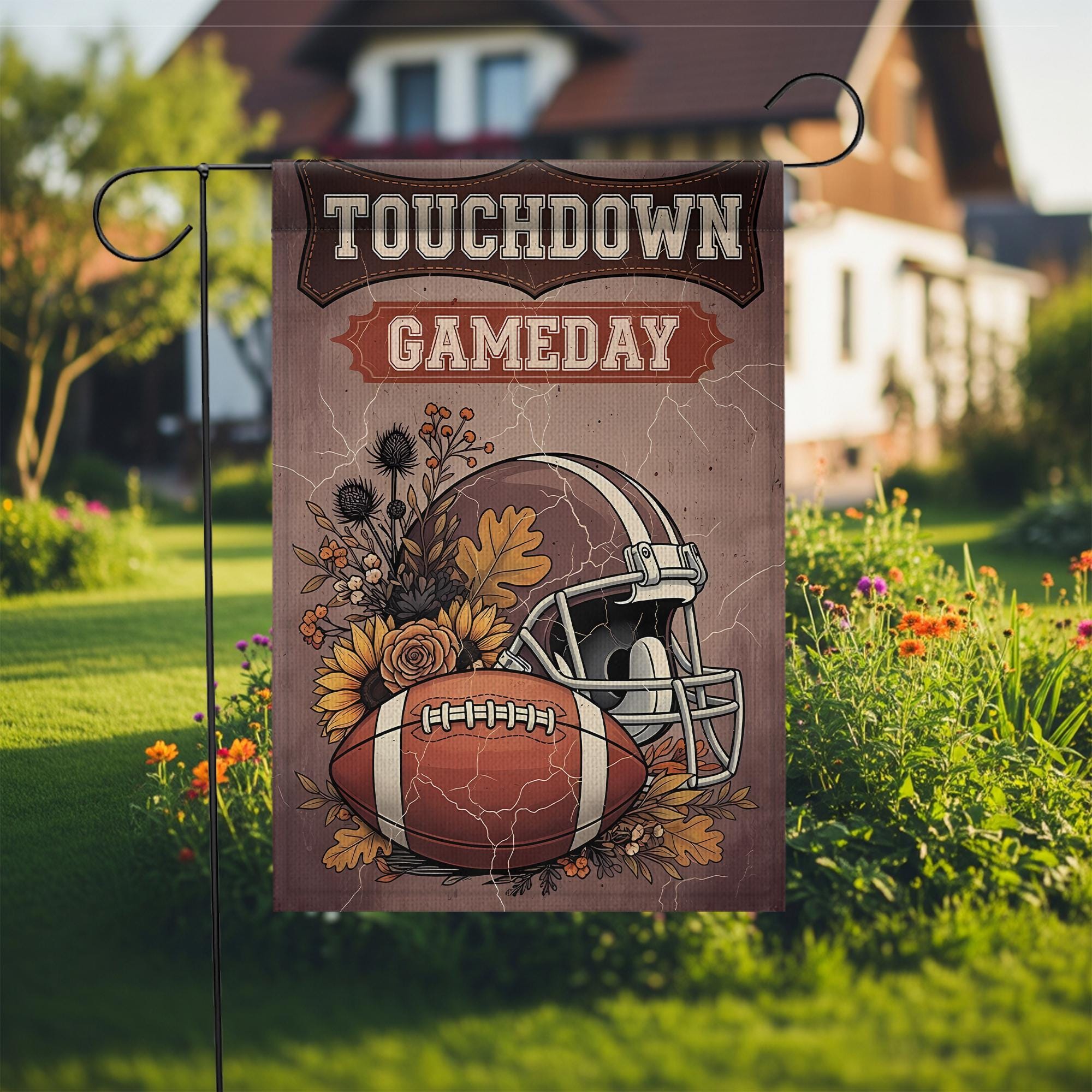 Vintage Football Garden Flag: Rustic Floral Helmet Decor