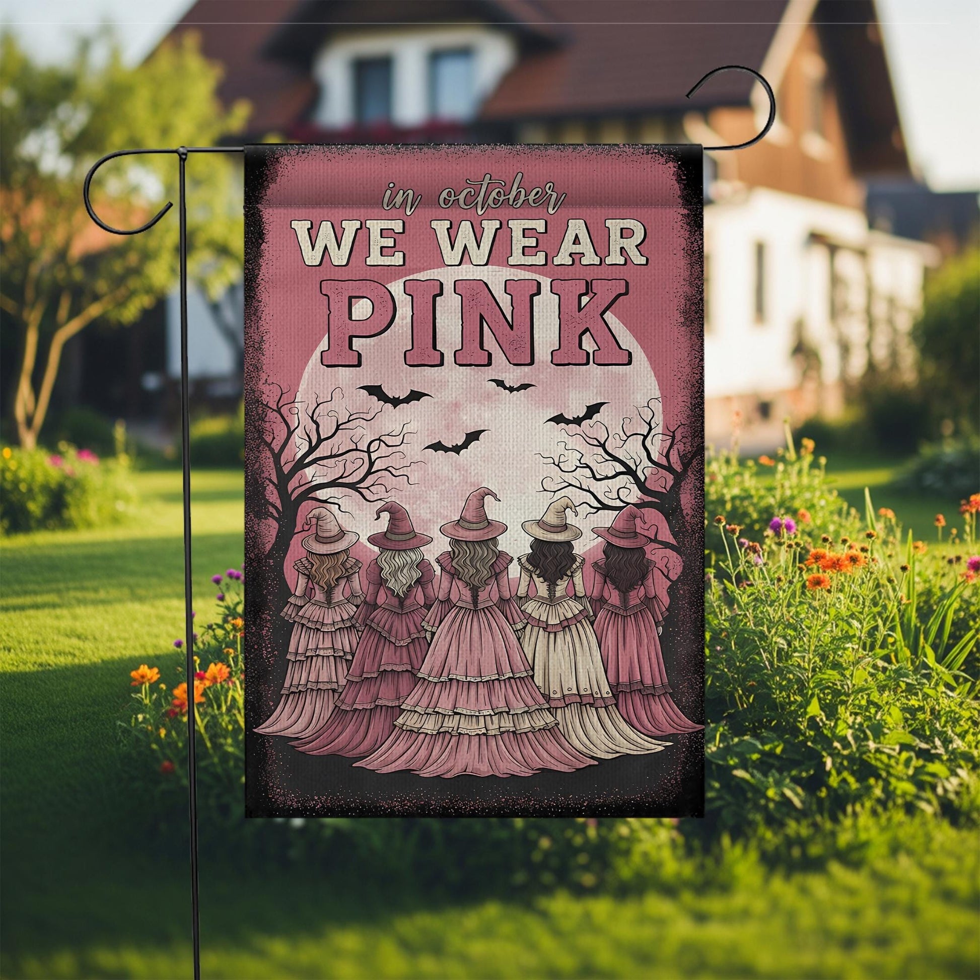 Pink Halloween Witches Garden Flag: Spooky Coven Sisterhood Decor