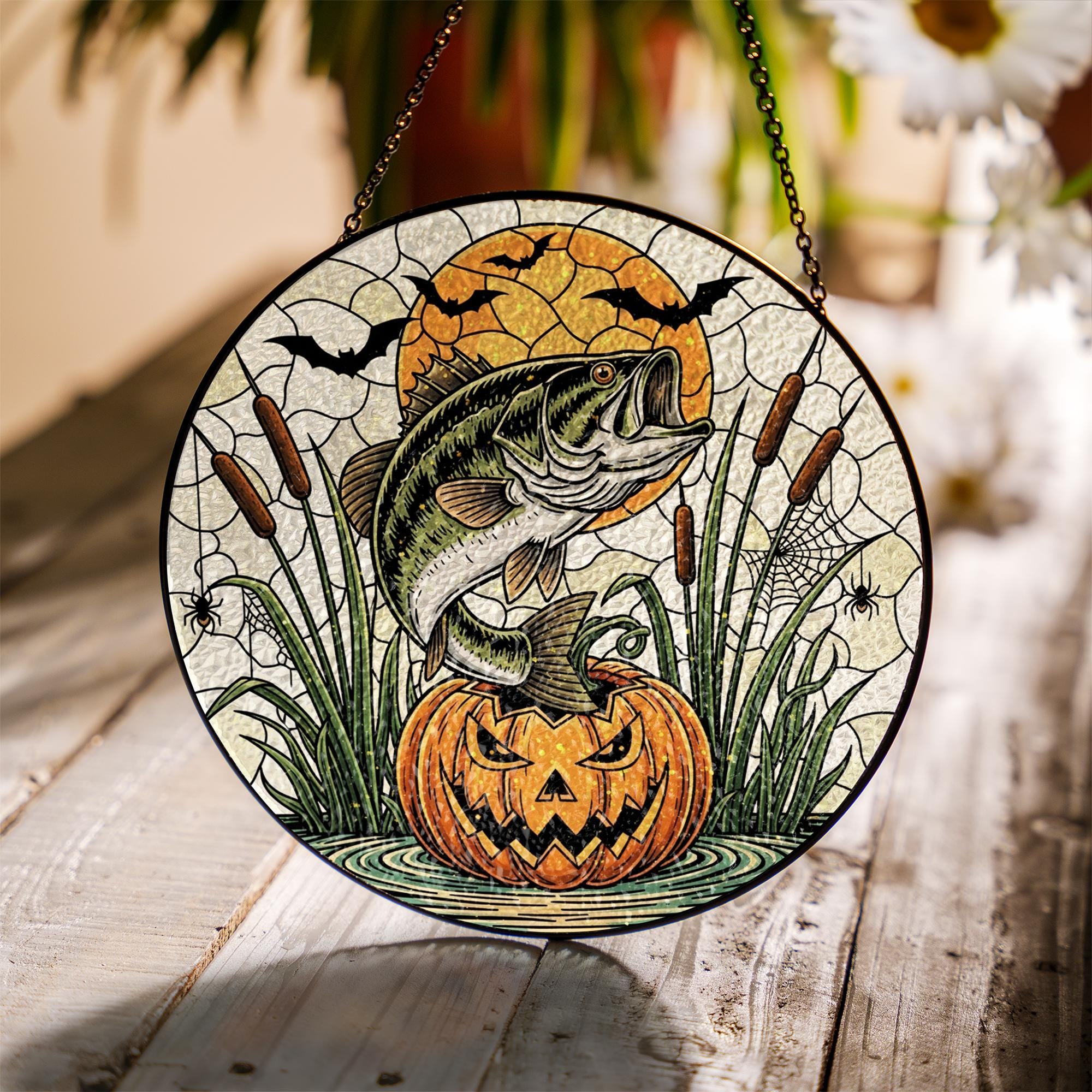Halloween Bass Fishing Suncatcher: Pumpkin Window Hanging, Spooky Angler Gift