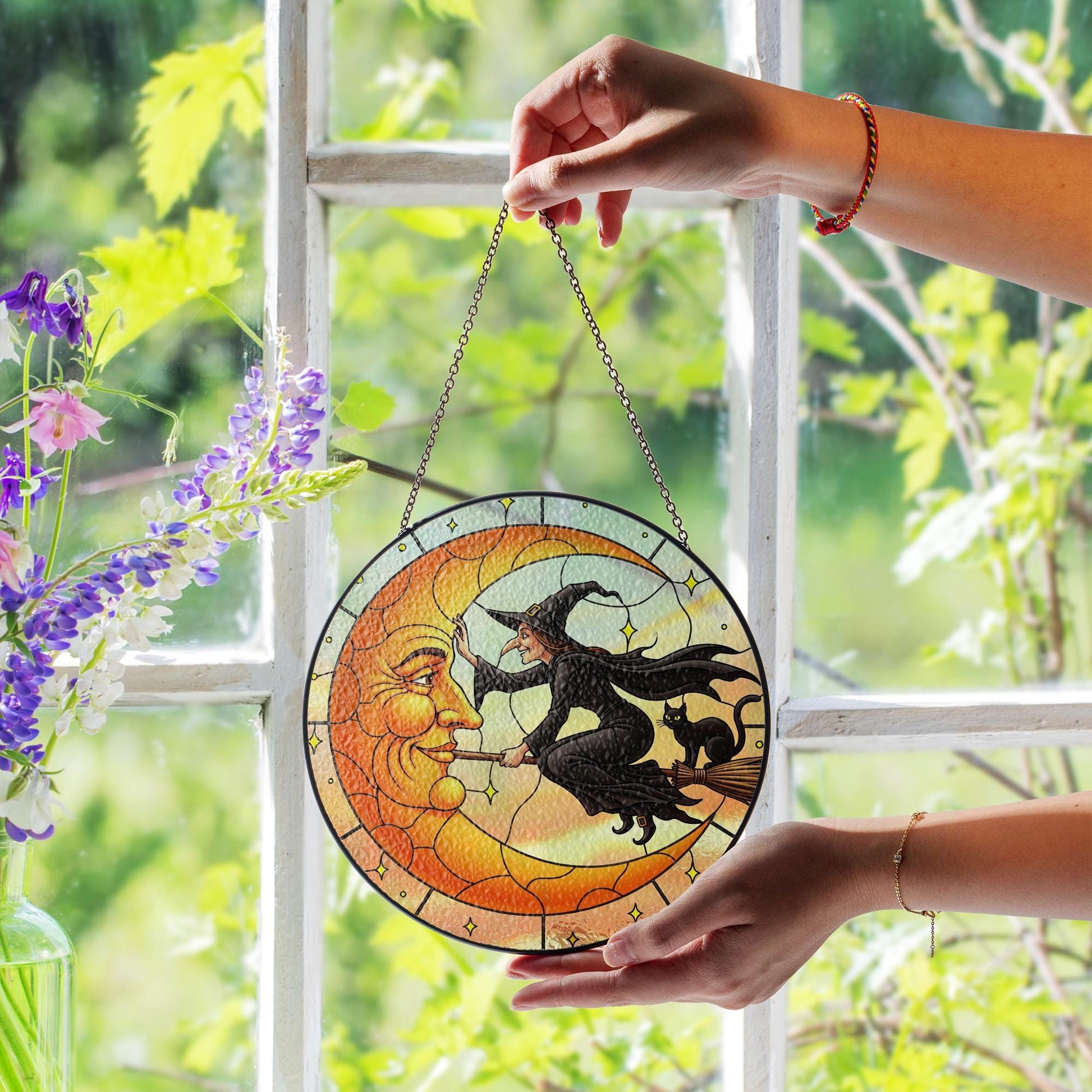 Vintage Halloween Suncatcher: Witch & Black Cat Glass Window Art