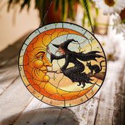 Vintage Halloween Suncatcher: Witch & Black Cat Glass Window Art