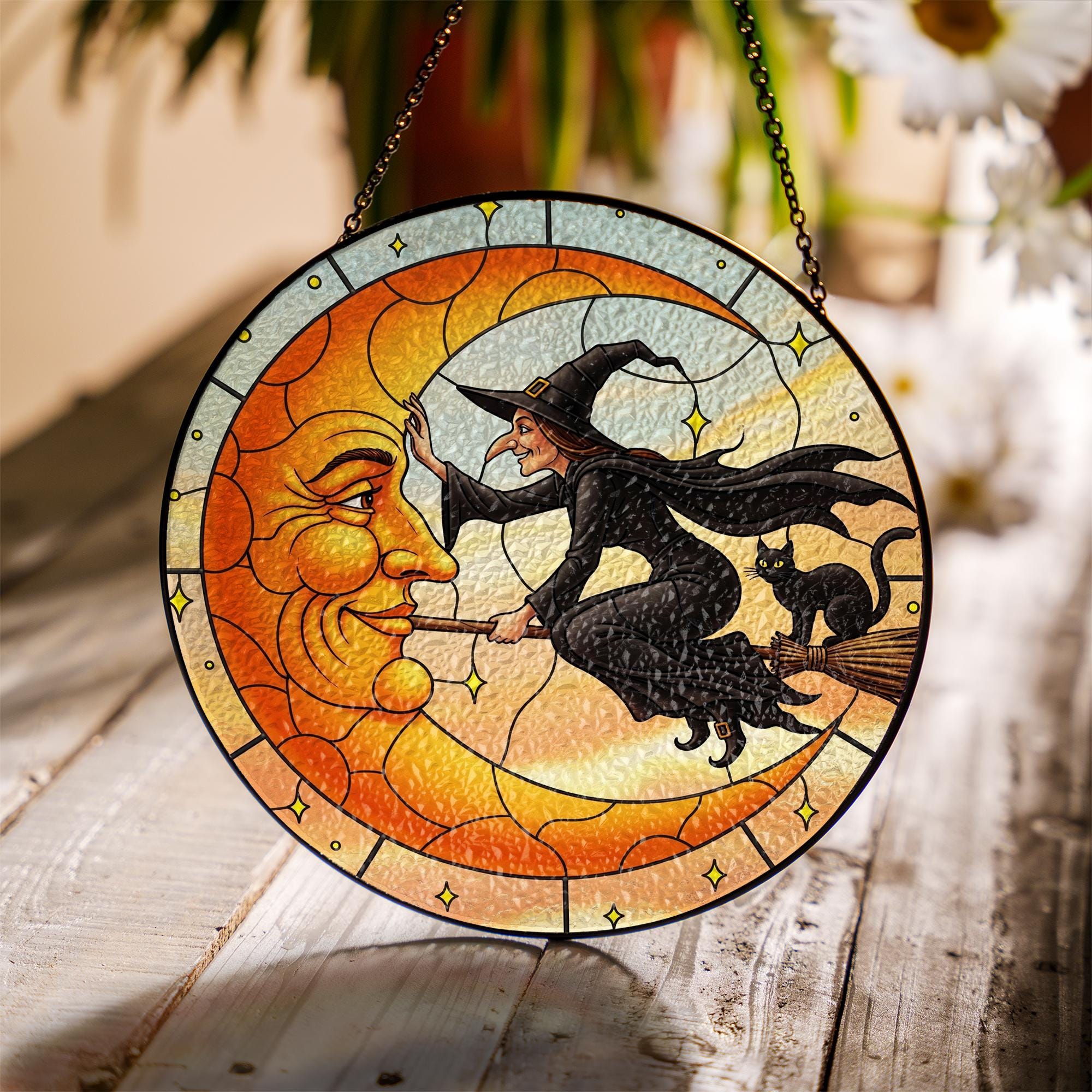 Vintage Halloween Suncatcher: Witch & Black Cat Glass Window Art