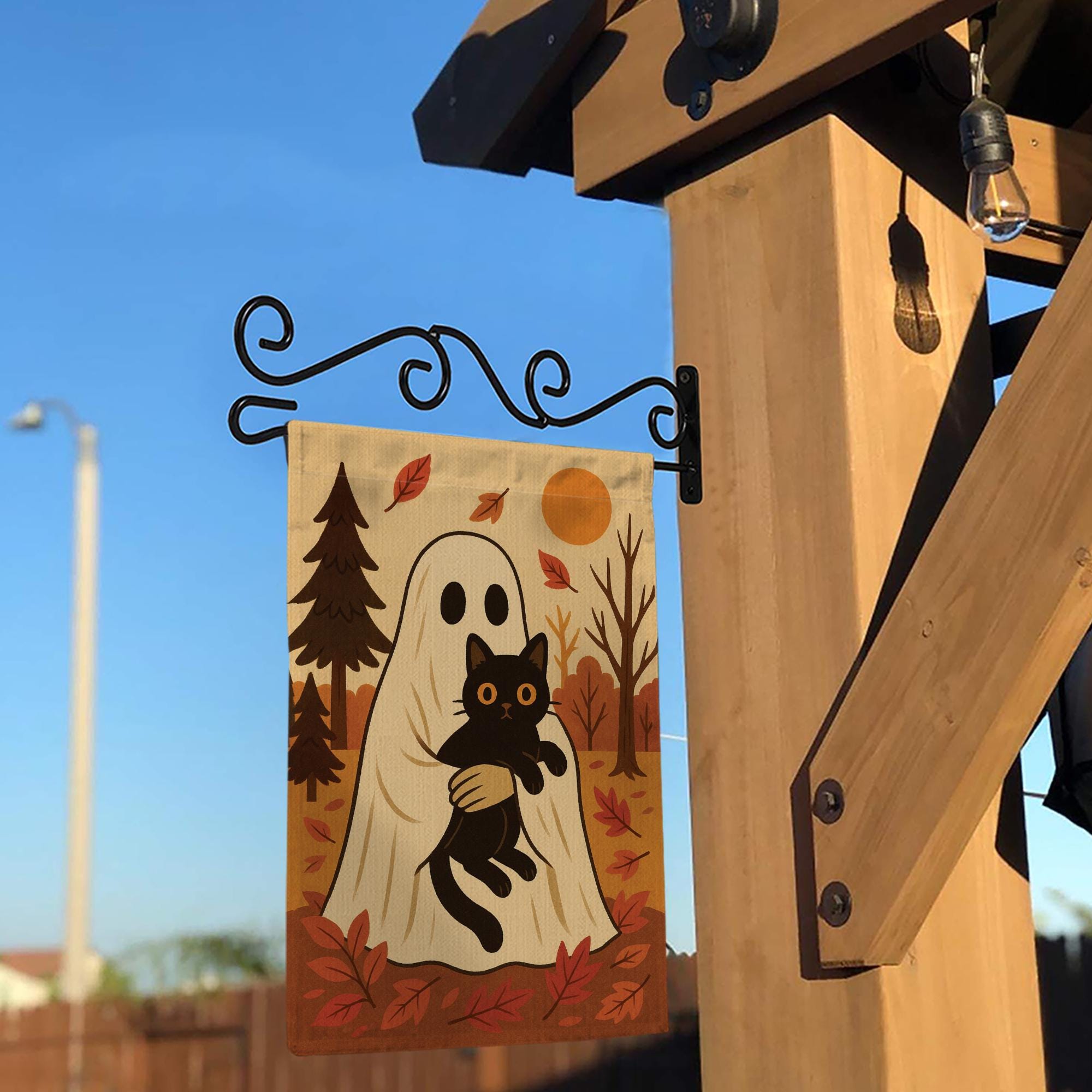 Halloween Ghost Garden Flag, Black Cat Fall Yard Decor, Autumn Outdoor Flag, Cute Halloween Flag, Fall Porch Flag, Ghost Cat Flag