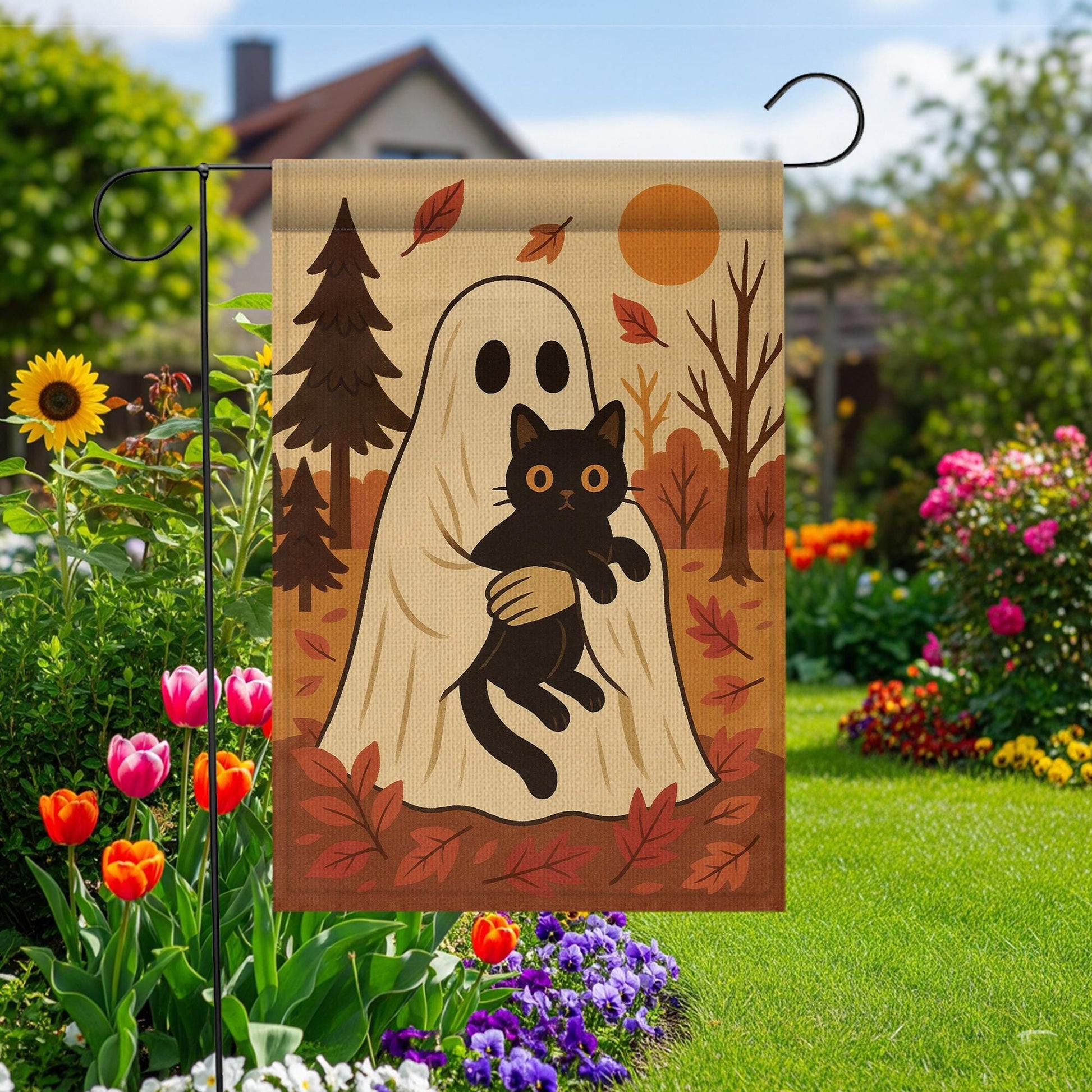 Halloween Ghost Garden Flag, Black Cat Fall Yard Decor, Autumn Outdoor Flag, Cute Halloween Flag, Fall Porch Flag, Ghost Cat Flag