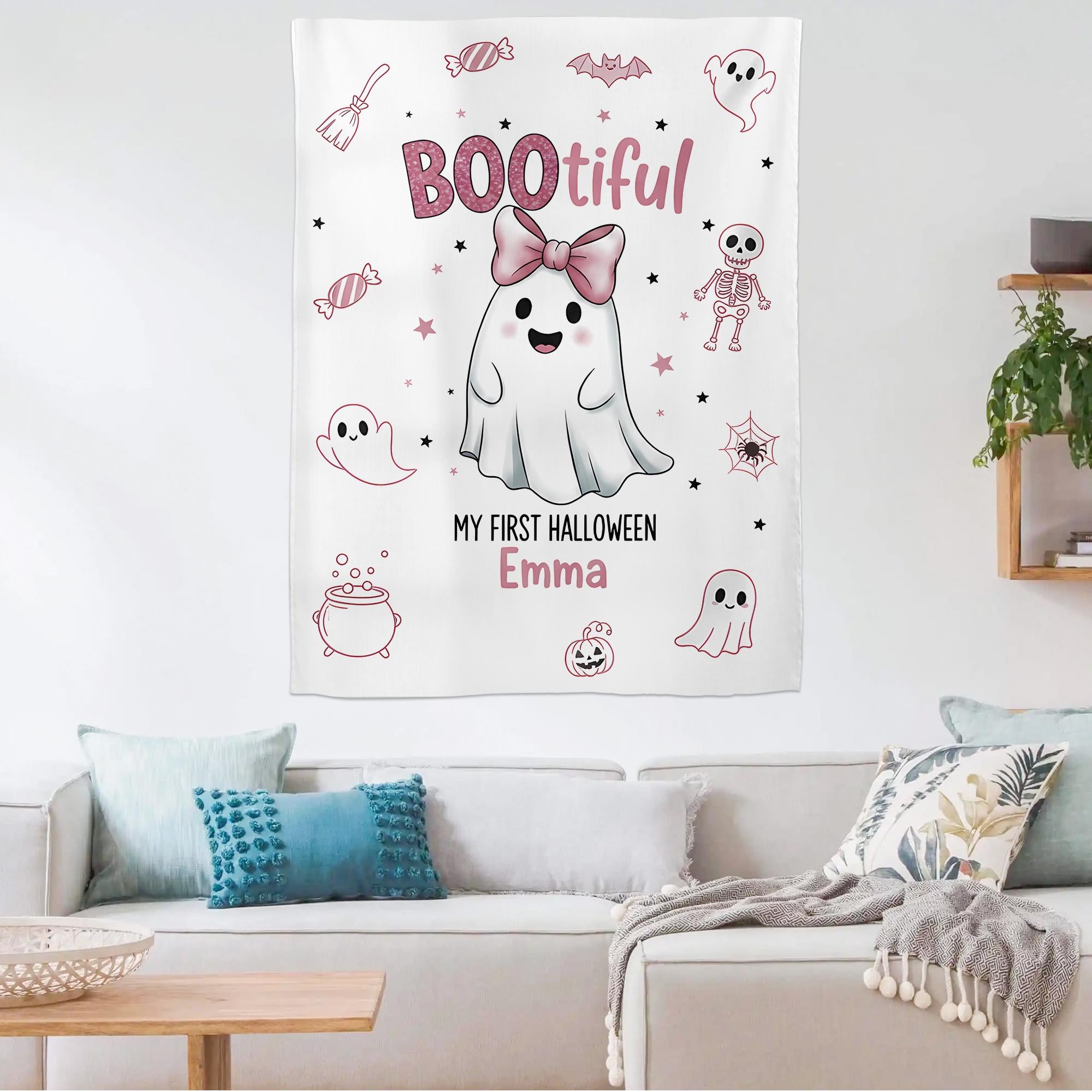 Personalized Baby's First Halloween Tapestry: Pink Ghost Decor