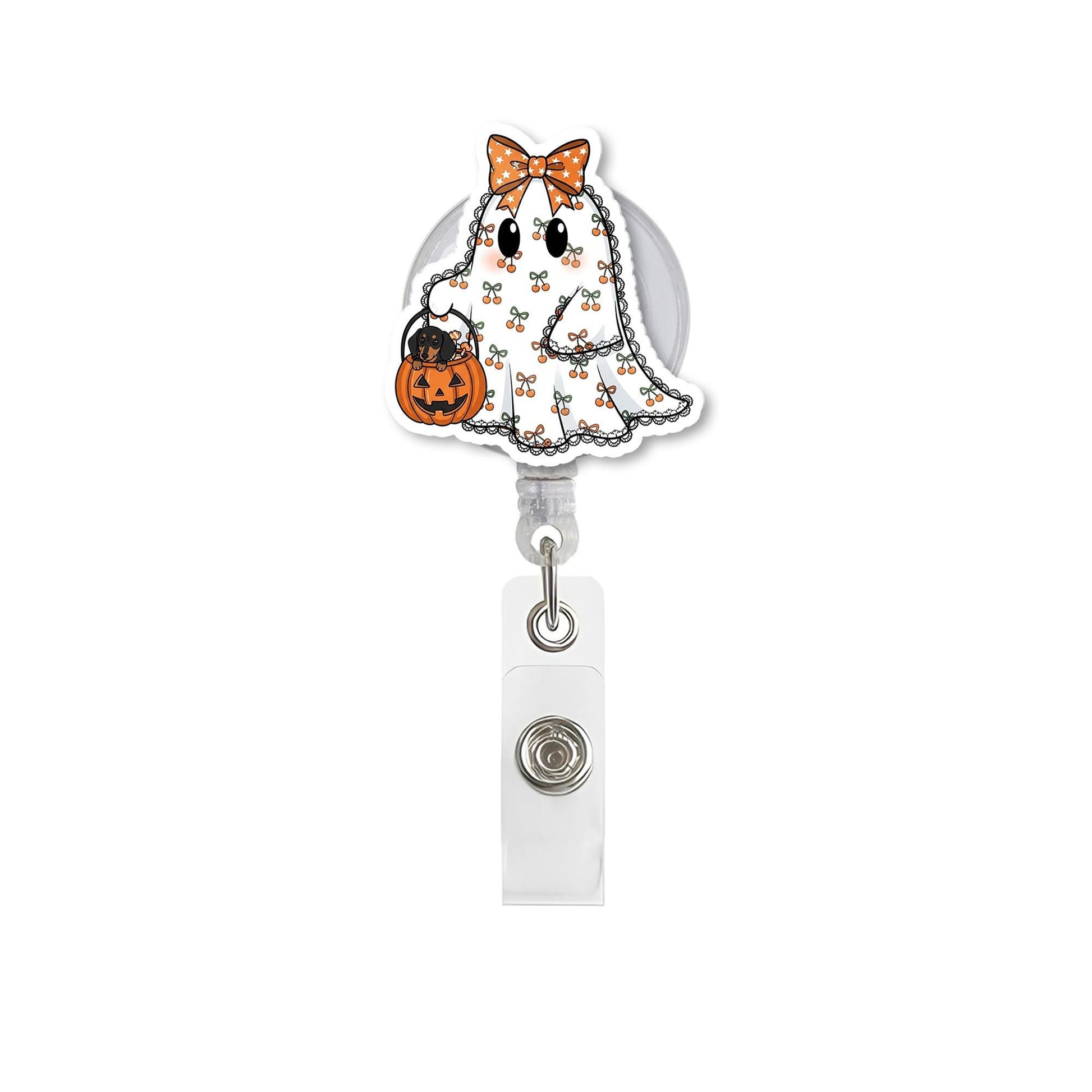 Cute Ghost Badge Reel, Halloween ID Holder for Nurse, Spooky Cherry Pattern Retractable Badge, Kawaii Teacher Lanyard, Fall Office Gift