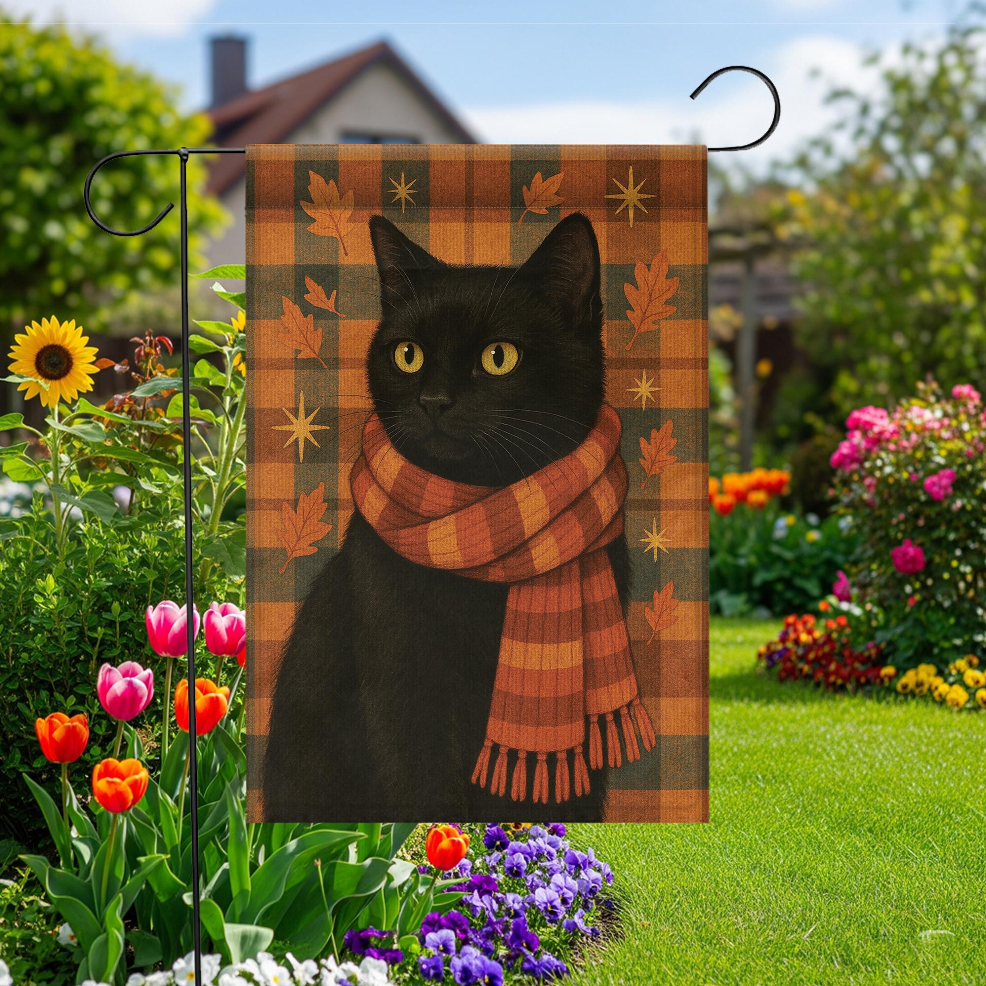Black Cat Garden Flag, Fall Decor, Autumn Flag, Cat with Scarf, Outdoor Garden Flag, Fall Yard Flag, Halloween Flag, Cat Lover Gift