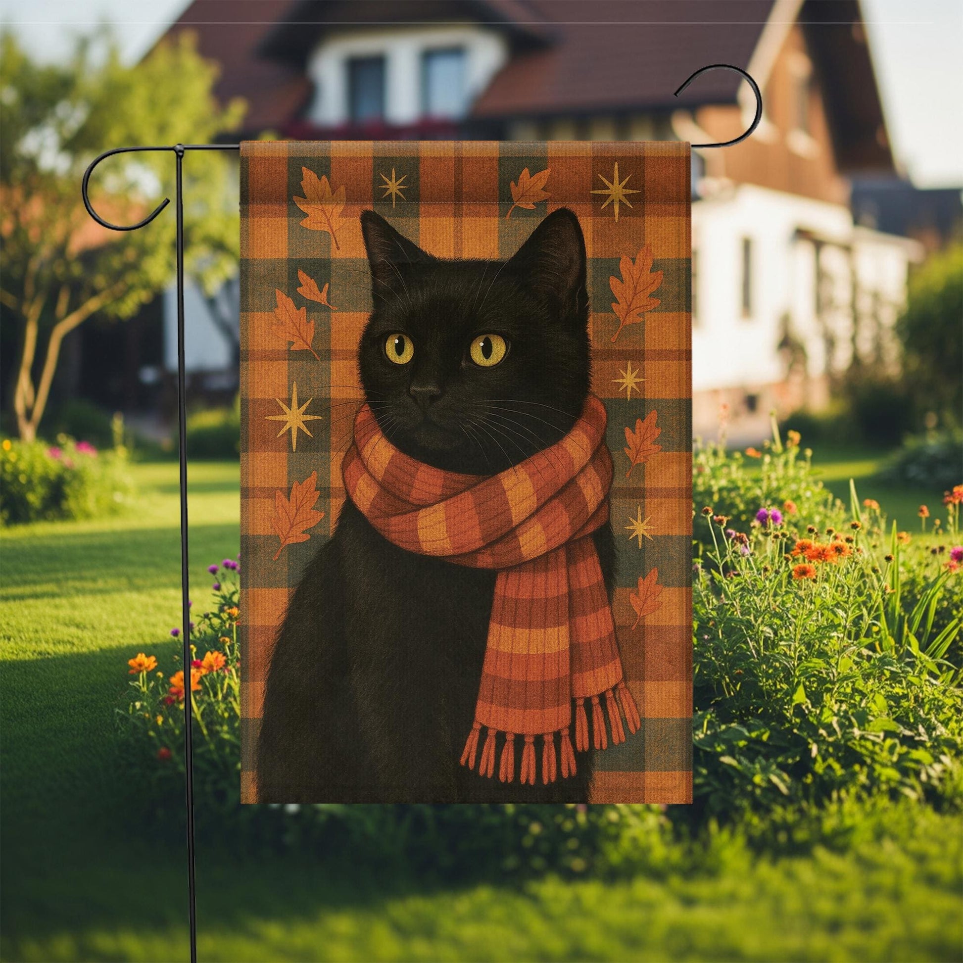 Black Cat Garden Flag, Fall Decor, Autumn Flag, Cat with Scarf, Outdoor Garden Flag, Fall Yard Flag, Halloween Flag, Cat Lover Gift