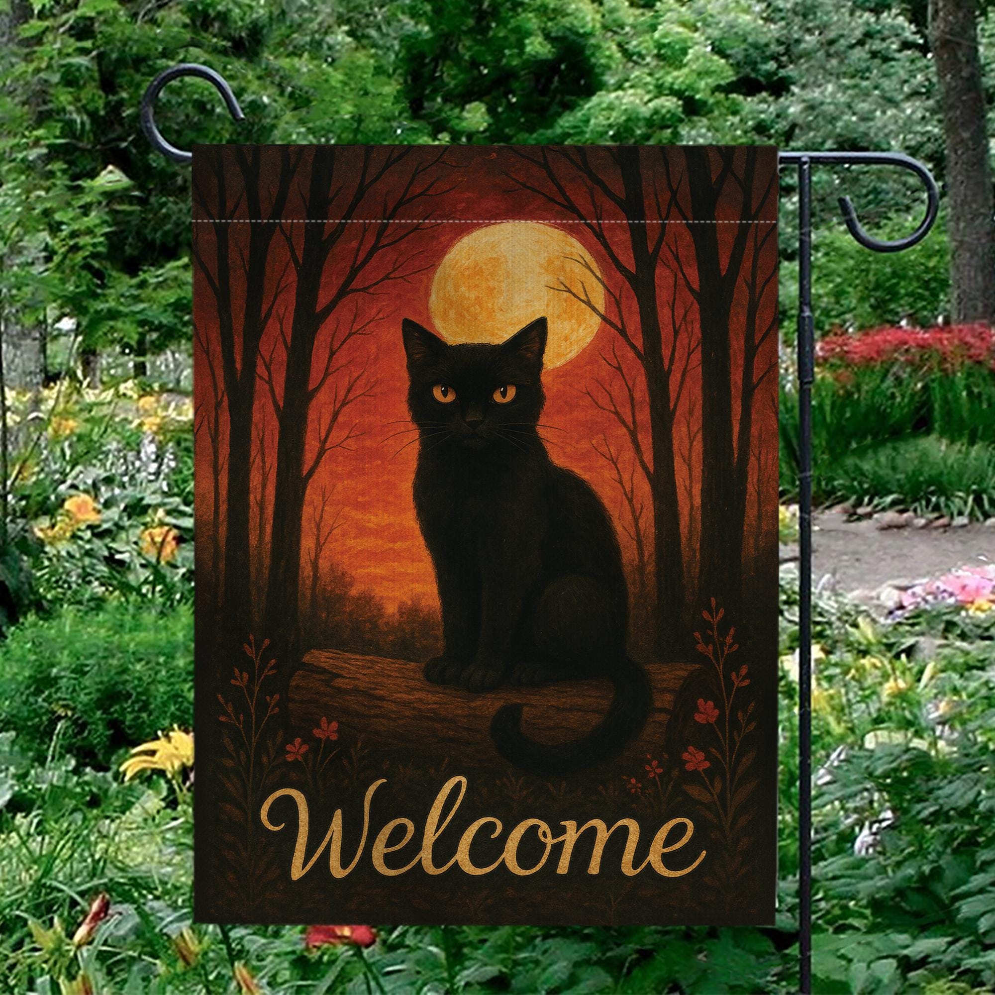 Black Cat Garden Flag, Halloween Yard Decor, Fall Outdoor Flag, Welcome Garden Banner, Autumn Cat Flag, Spooky Garden Flag