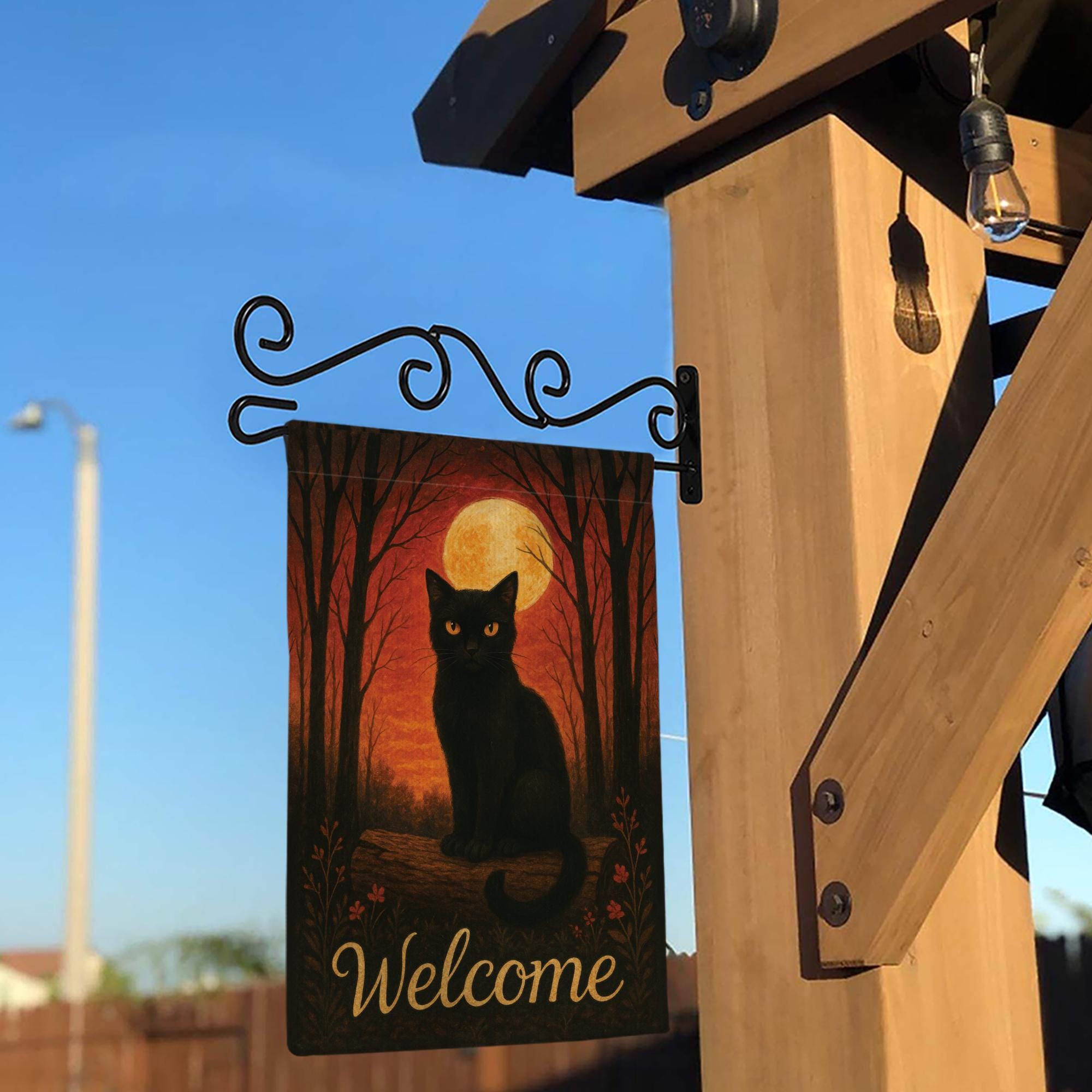 Black Cat Garden Flag, Halloween Yard Decor, Fall Outdoor Flag, Welcome Garden Banner, Autumn Cat Flag, Spooky Garden Flag