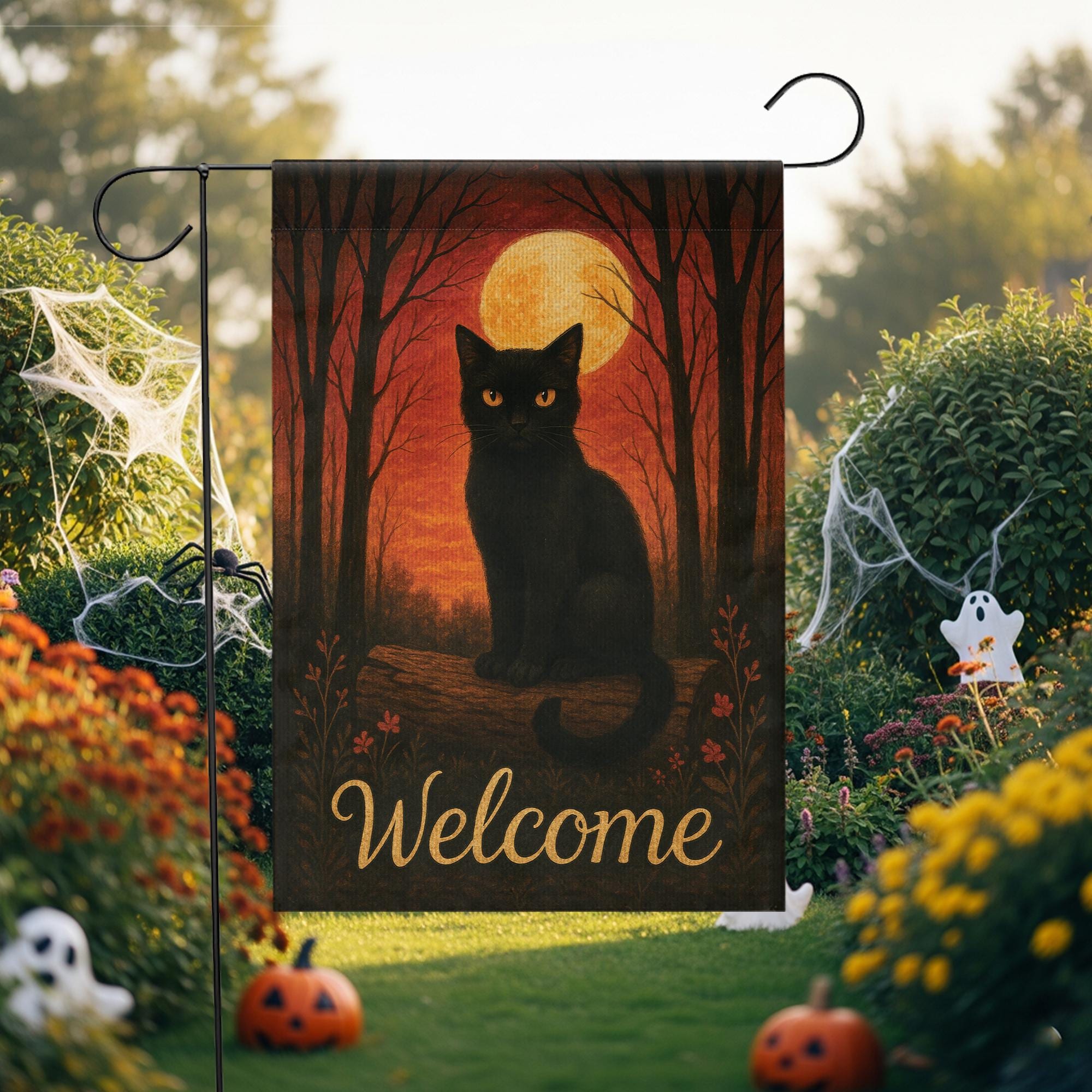 Black Cat Garden Flag, Halloween Yard Decor, Fall Outdoor Flag, Welcome Garden Banner, Autumn Cat Flag, Spooky Garden Flag