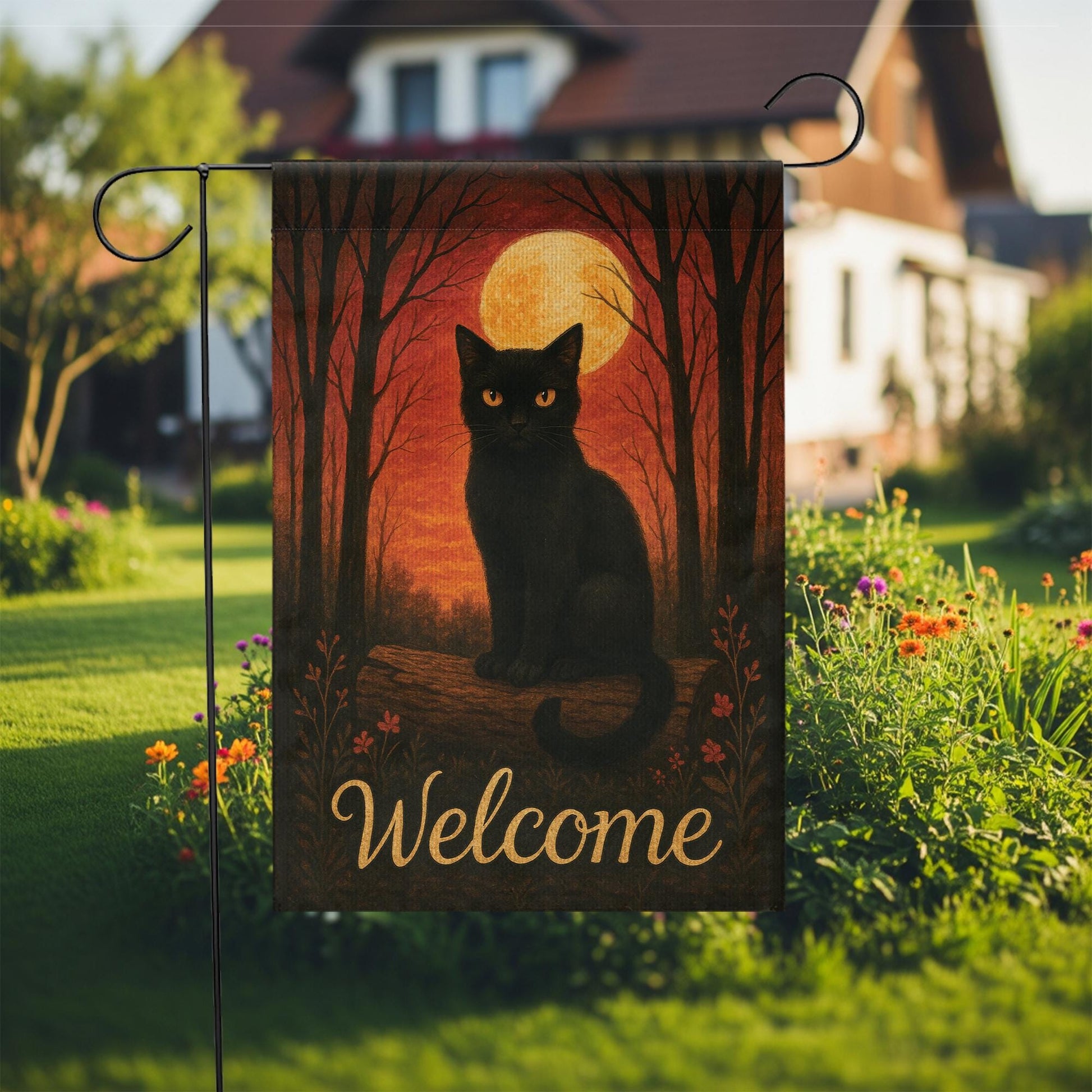 Black Cat Garden Flag, Halloween Yard Decor, Fall Outdoor Flag, Welcome Garden Banner, Autumn Cat Flag, Spooky Garden Flag