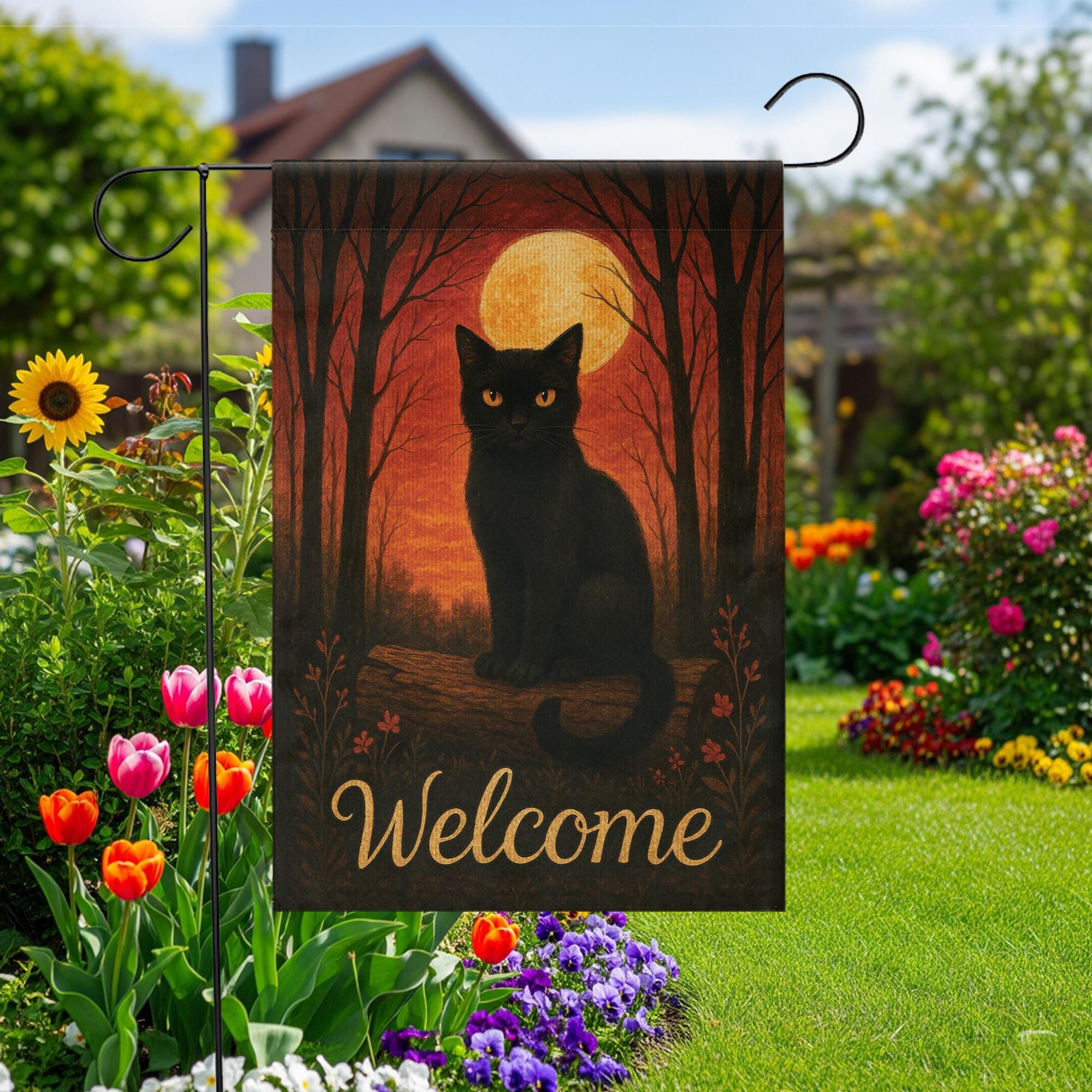 Black Cat Garden Flag, Halloween Yard Decor, Fall Outdoor Flag, Welcome Garden Banner, Autumn Cat Flag, Spooky Garden Flag