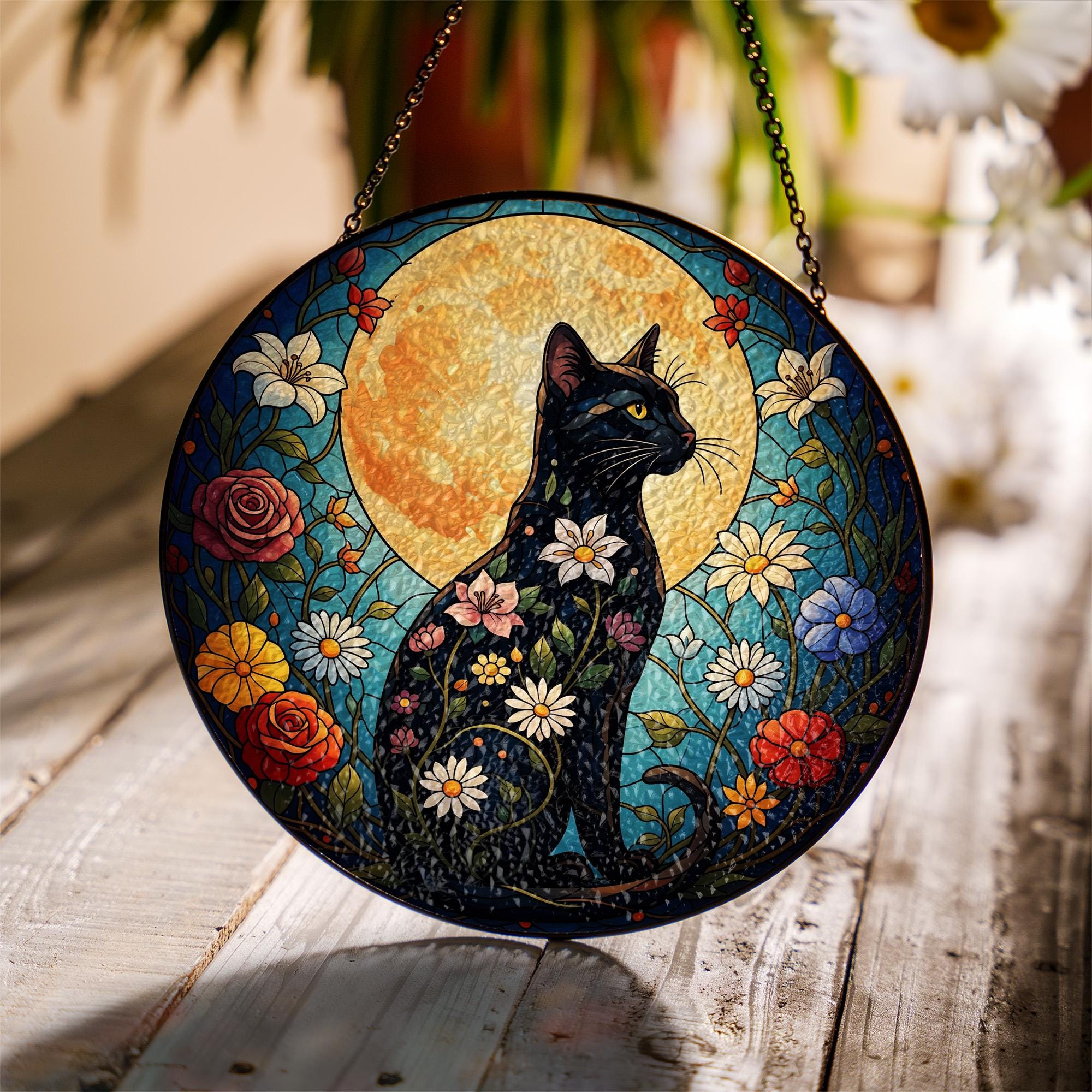 Black Cat Glass Suncatcher, Faux Stained Glass Window Hanging, Floral Moon Decor, Cat Lover Gift, Nature Art, Handmade Glass Art