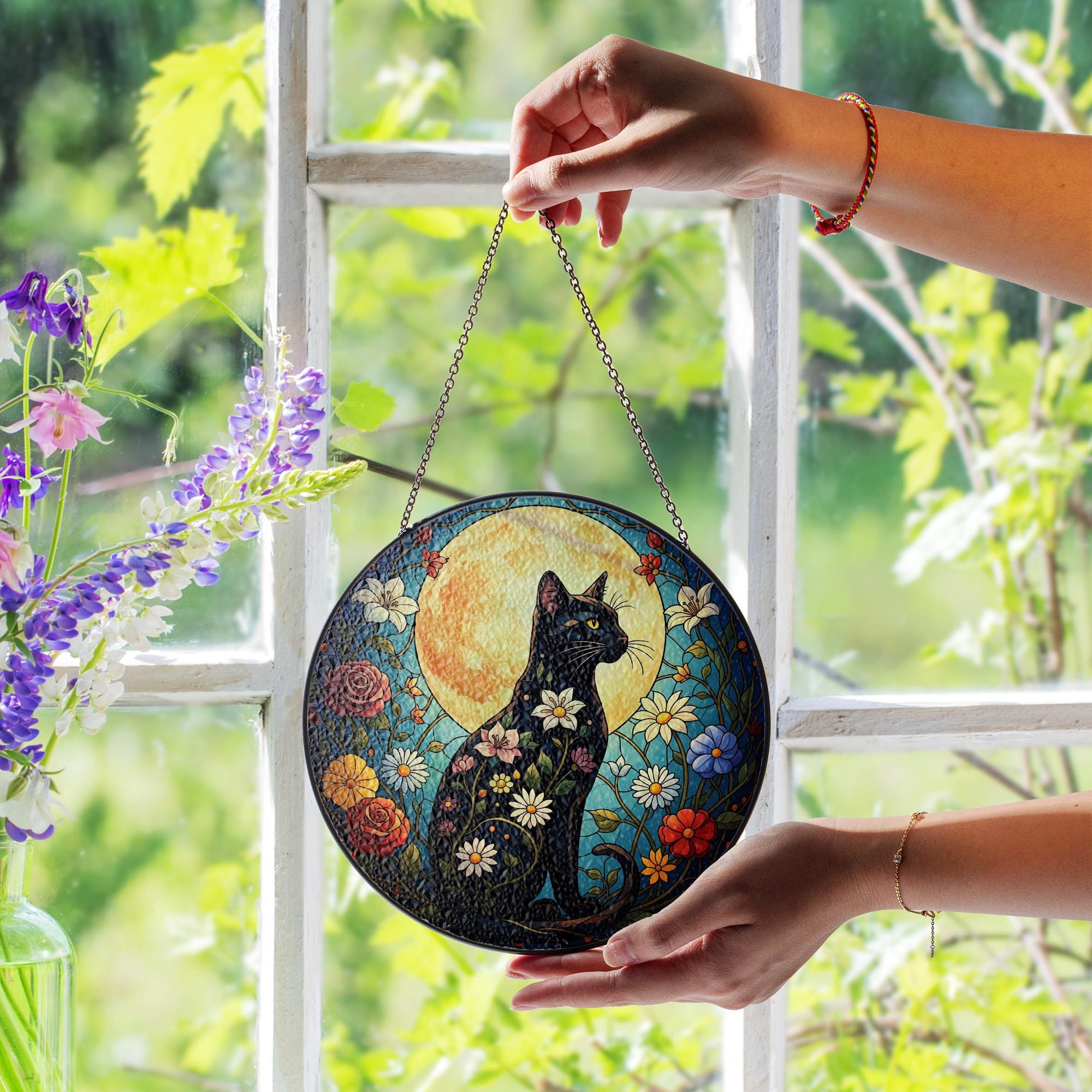 Black Cat Glass Suncatcher, Faux Stained Glass Window Hanging, Floral Moon Decor, Cat Lover Gift, Nature Art, Handmade Glass Art