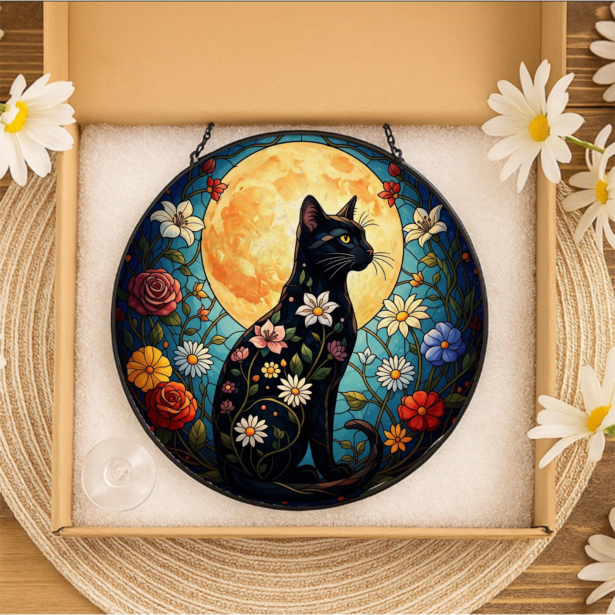 Black Cat Glass Suncatcher, Faux Stained Glass Window Hanging, Floral Moon Decor, Cat Lover Gift, Nature Art, Handmade Glass Art
