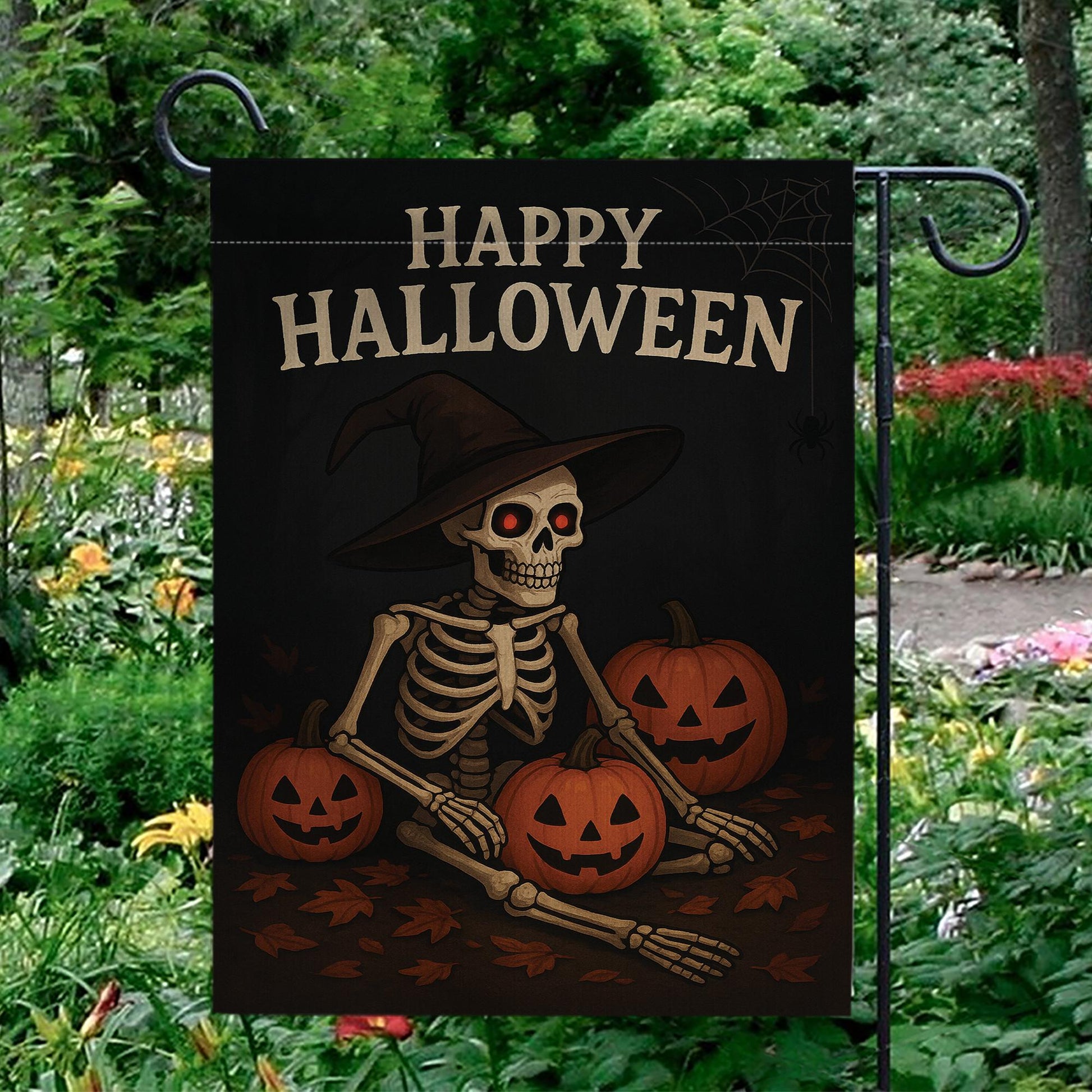 Happy Halloween Garden Flag, Skeleton Witch with Pumpkins, Fall Outdoor Decor, Halloween Flag for Yard, Spooky Skeleton, Fall Garden Flag