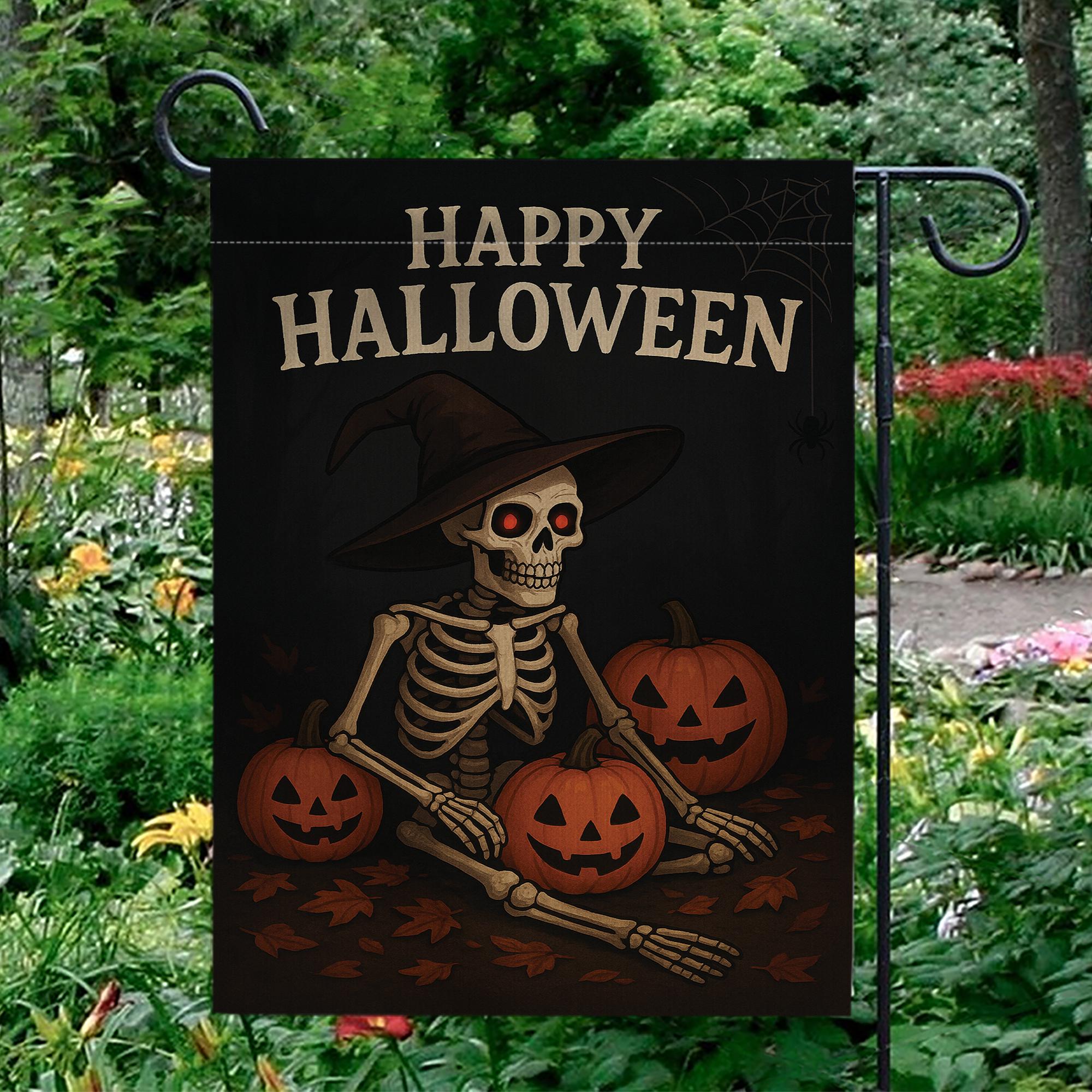 Happy Halloween Garden Flag, Skeleton Witch with Pumpkins, Fall Outdoor Decor, Halloween Flag for Yard, Spooky Skeleton, Fall Garden Flag
