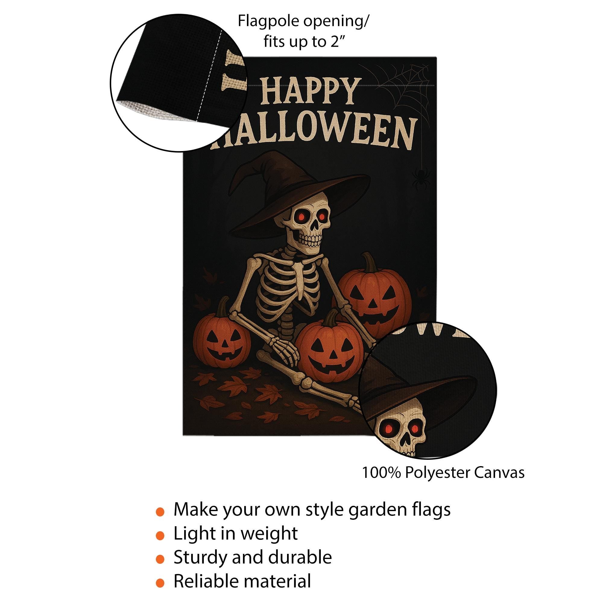 Happy Halloween Garden Flag, Skeleton Witch with Pumpkins, Fall Outdoor Decor, Halloween Flag for Yard, Spooky Skeleton, Fall Garden Flag