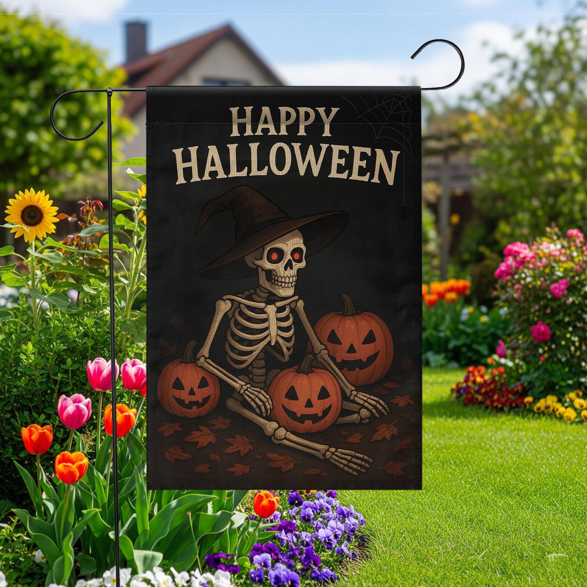 Happy Halloween Garden Flag, Skeleton Witch with Pumpkins, Fall Outdoor Decor, Halloween Flag for Yard, Spooky Skeleton, Fall Garden Flag