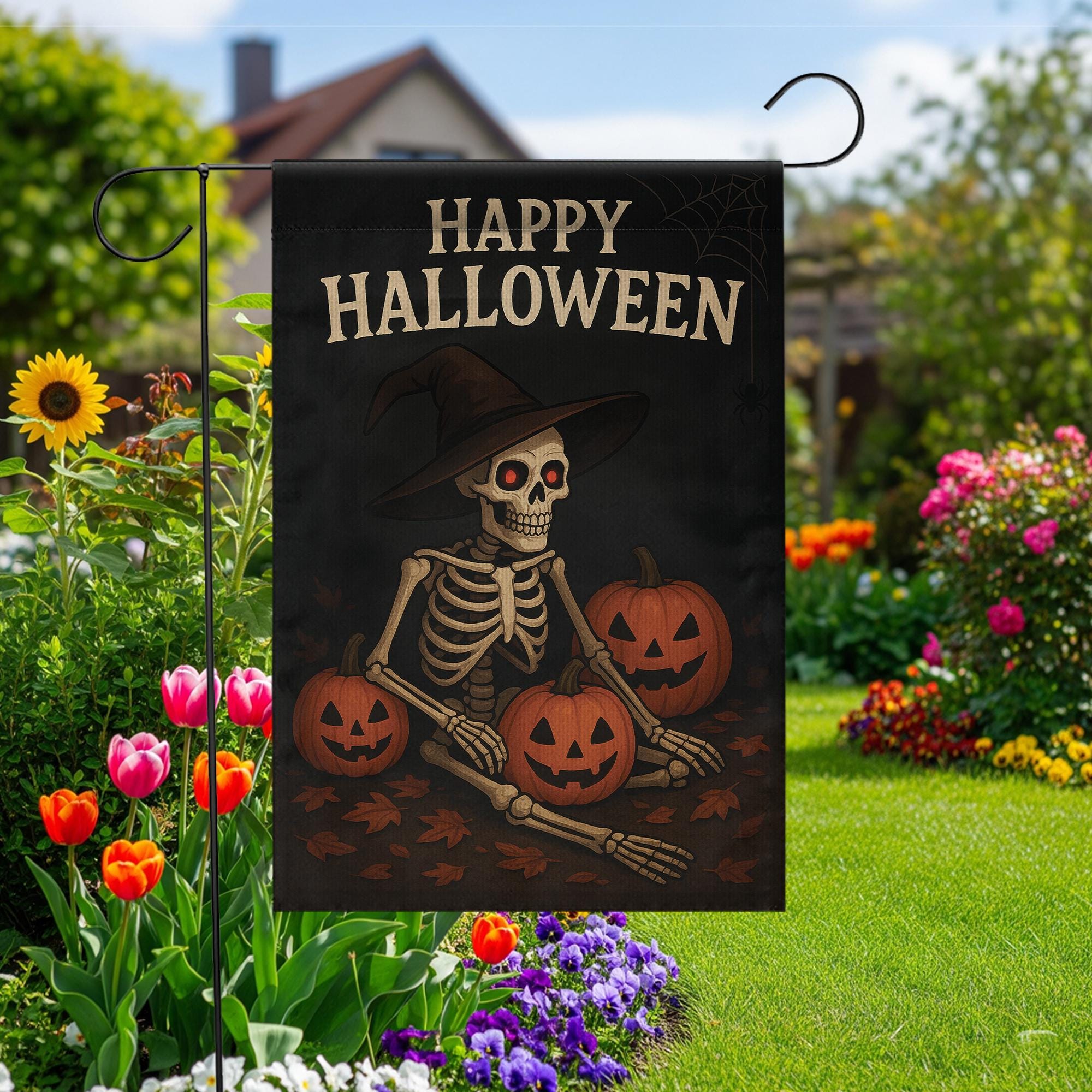 Happy Halloween Garden Flag, Skeleton Witch with Pumpkins, Fall Outdoor Decor, Halloween Flag for Yard, Spooky Skeleton, Fall Garden Flag