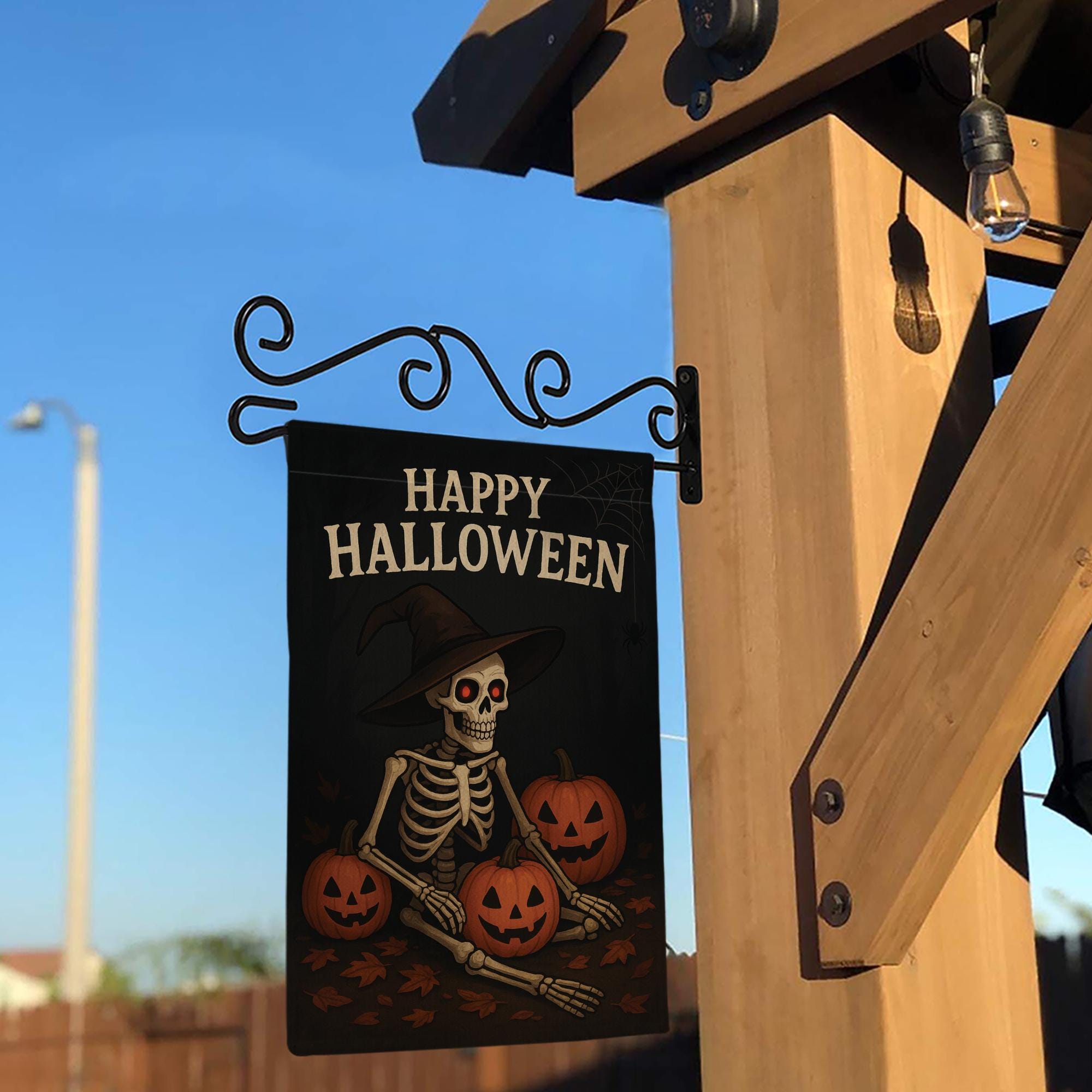 Happy Halloween Garden Flag, Skeleton Witch with Pumpkins, Fall Outdoor Decor, Halloween Flag for Yard, Spooky Skeleton, Fall Garden Flag