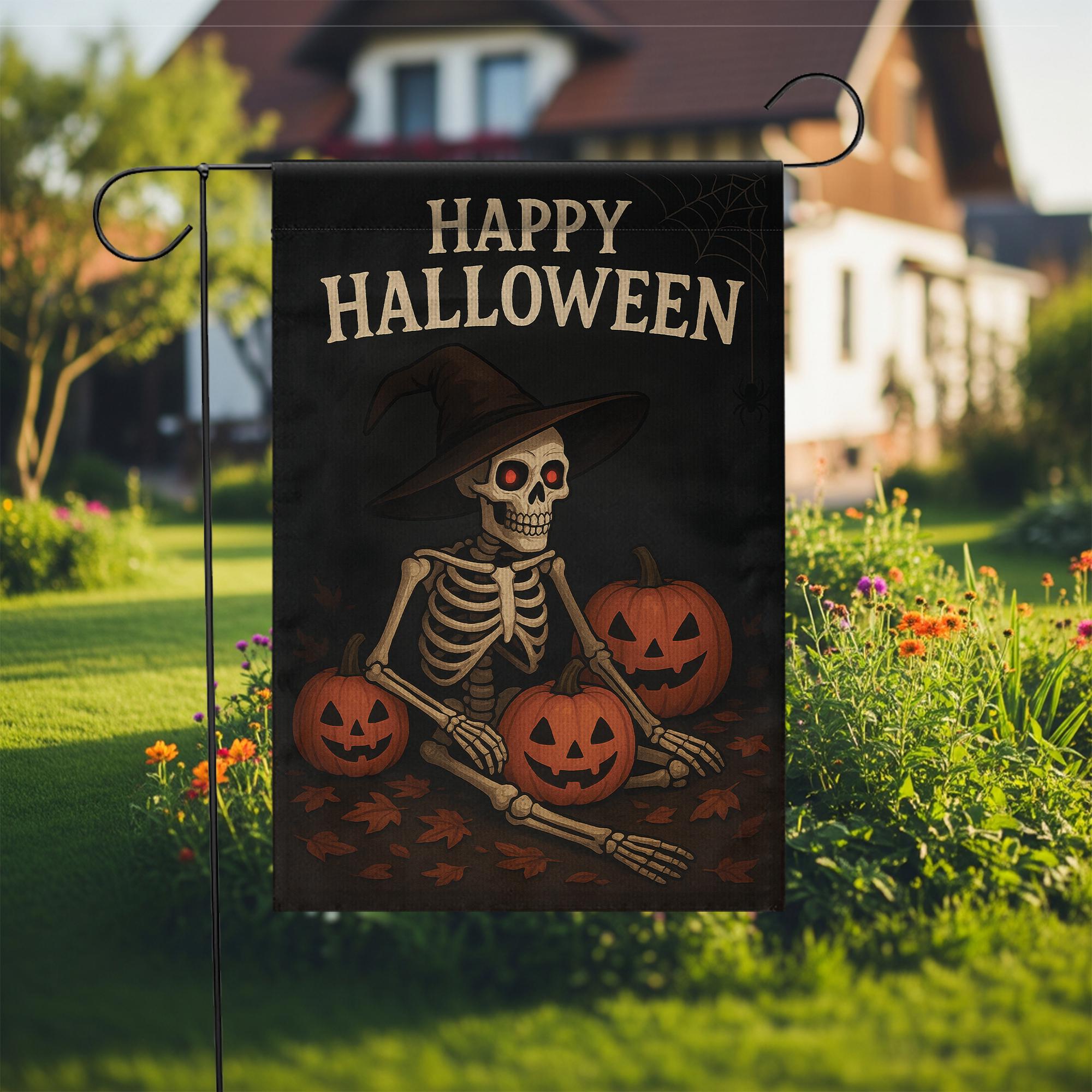 Happy Halloween Garden Flag, Skeleton Witch with Pumpkins, Fall Outdoor Decor, Halloween Flag for Yard, Spooky Skeleton, Fall Garden Flag
