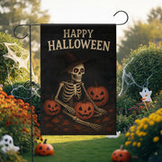 Happy Halloween Garden Flag, Skeleton Witch with Pumpkins, Fall Outdoor Decor, Halloween Flag for Yard, Spooky Skeleton, Fall Garden Flag
