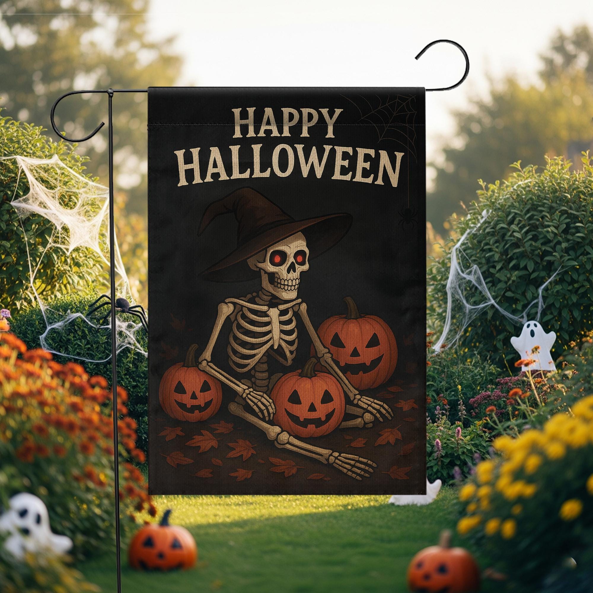 Happy Halloween Garden Flag, Skeleton Witch with Pumpkins, Fall Outdoor Decor, Halloween Flag for Yard, Spooky Skeleton, Fall Garden Flag