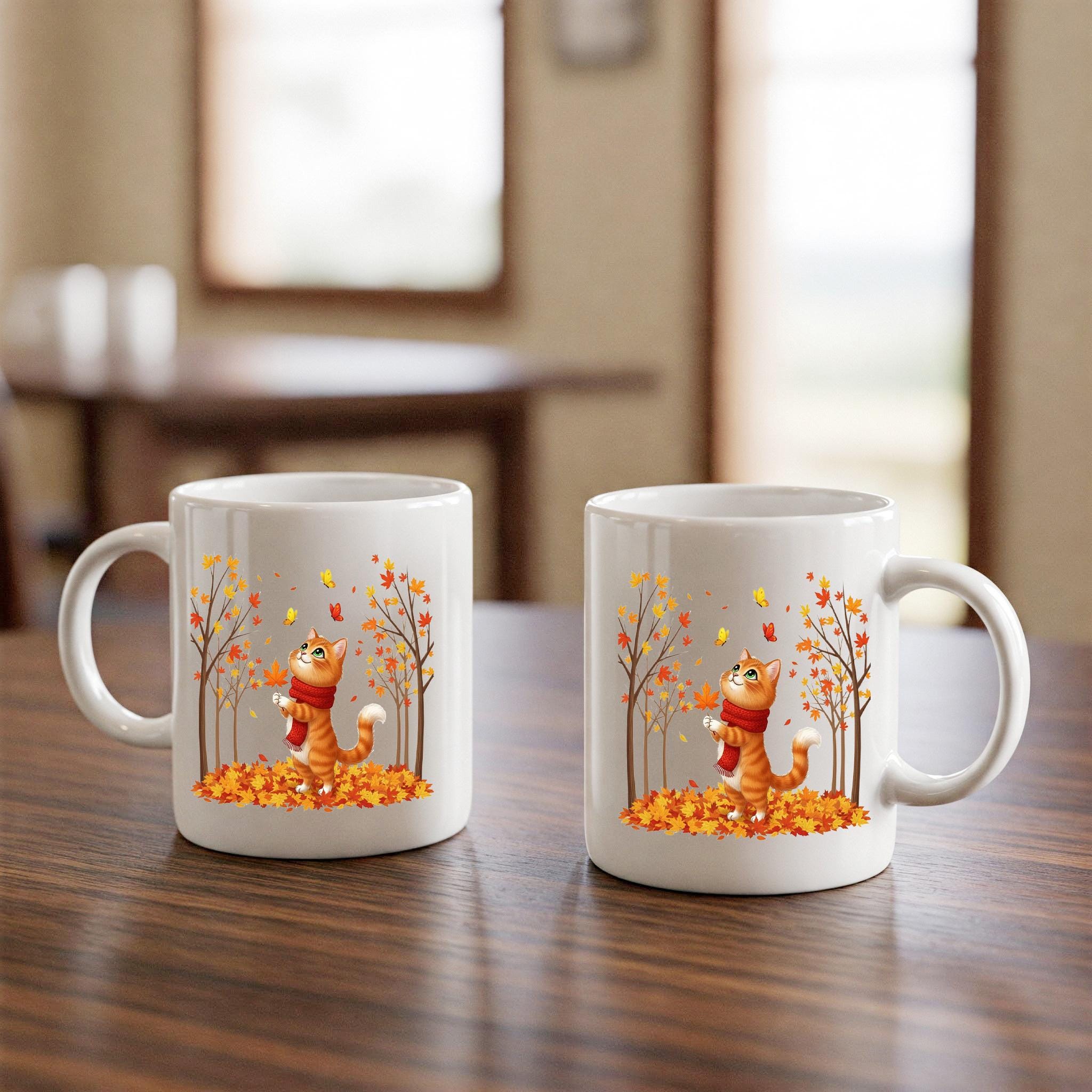 Fall Cat Mug: Autumn Leaves Coffee Cup - Spooky Season