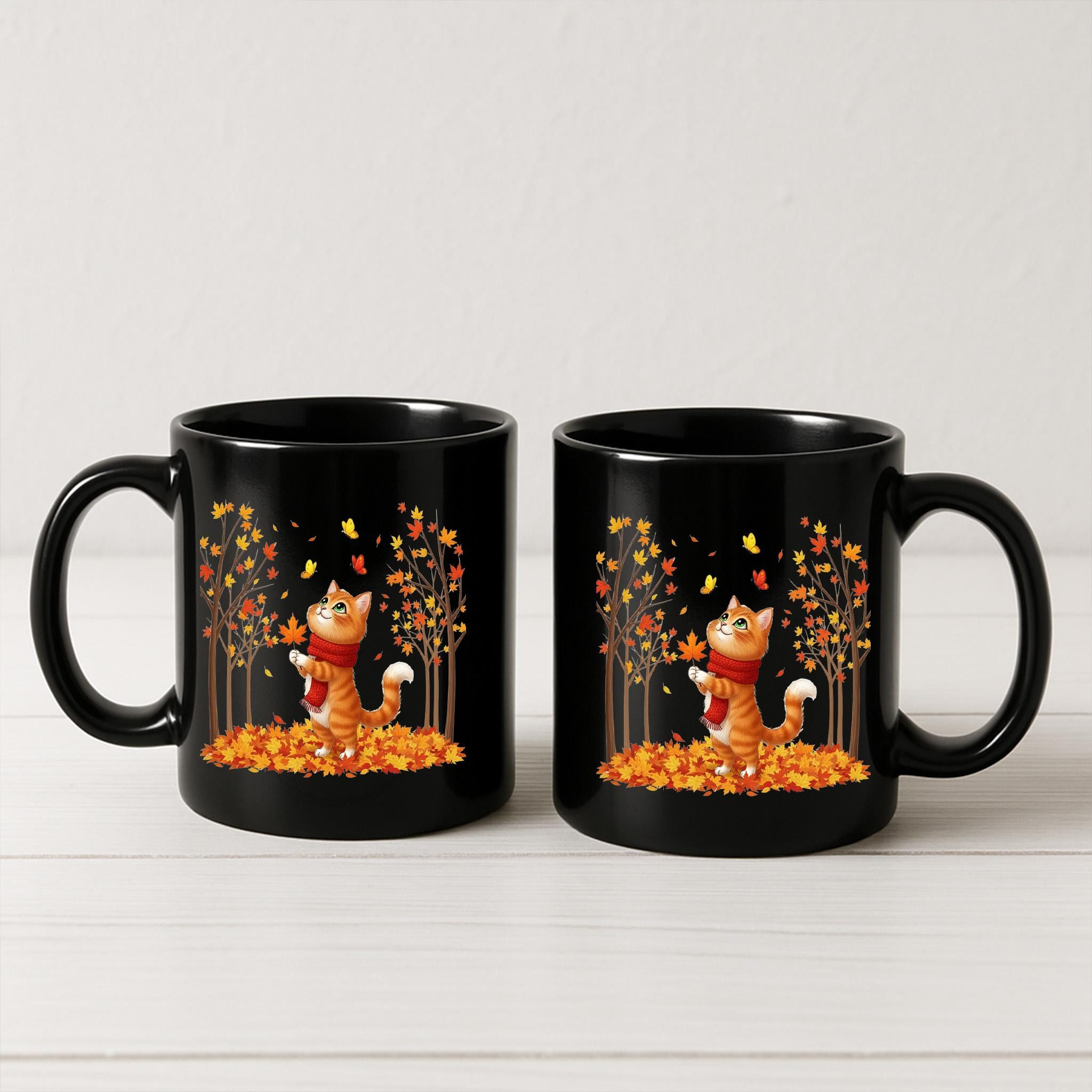 Fall Cat Mug: Autumn Leaves Coffee Cup - Spooky Season