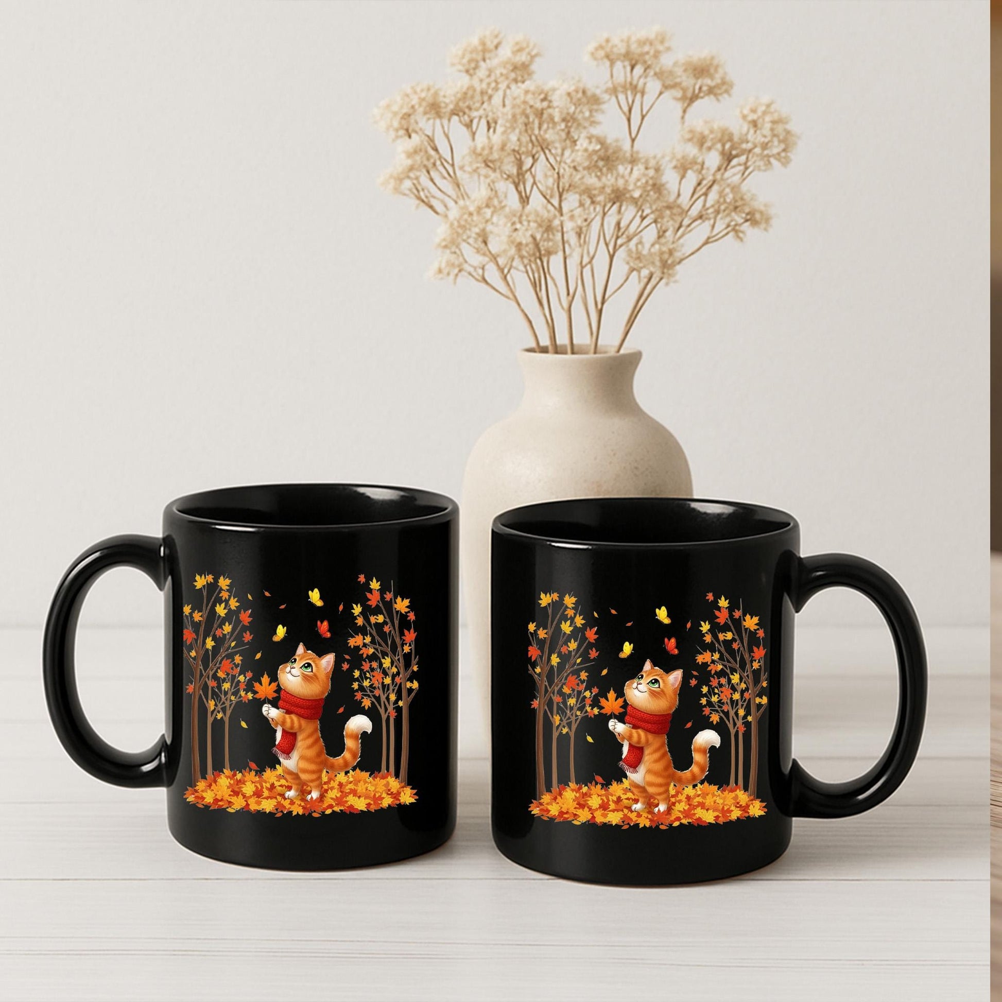 Fall Cat Mug: Autumn Leaves Coffee Cup - Spooky Season